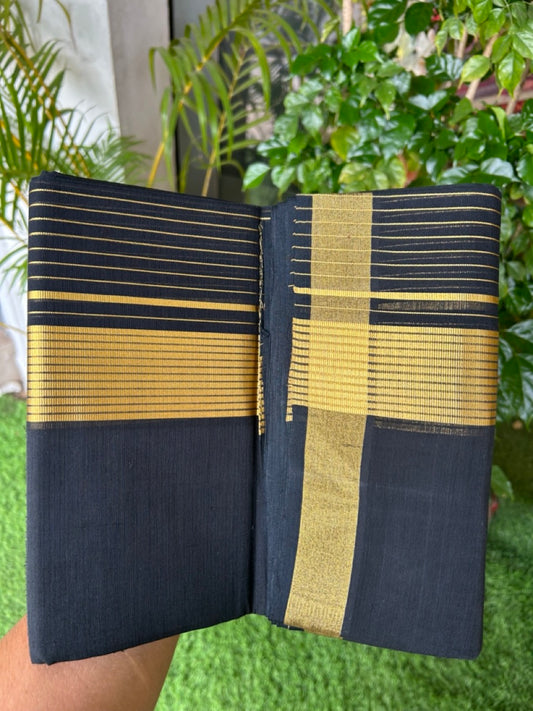 25% Discount! KaithariKada Handloom UNAKKUPAAV Balaramapuram - 100% Cotton Double Mundu/Dhoti - Black Colour Body - 7 inch Gold Kasavu Striped Kara - 10KK5190ABH