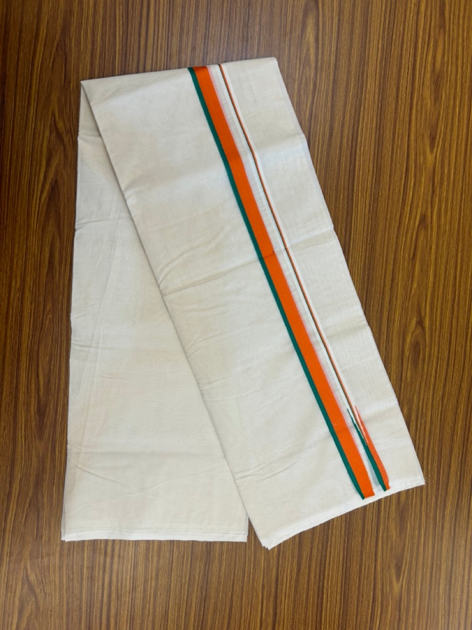 BJP VESHTI - 20% DISCOUNT! KaithariKada 100% Cotton off white Double - (Unbleached) Mundu/Dhoti - 100X100 - 1.25 inch Puliyilakkara Orange & Green Chutty Kara - 21 KK5268 ASH