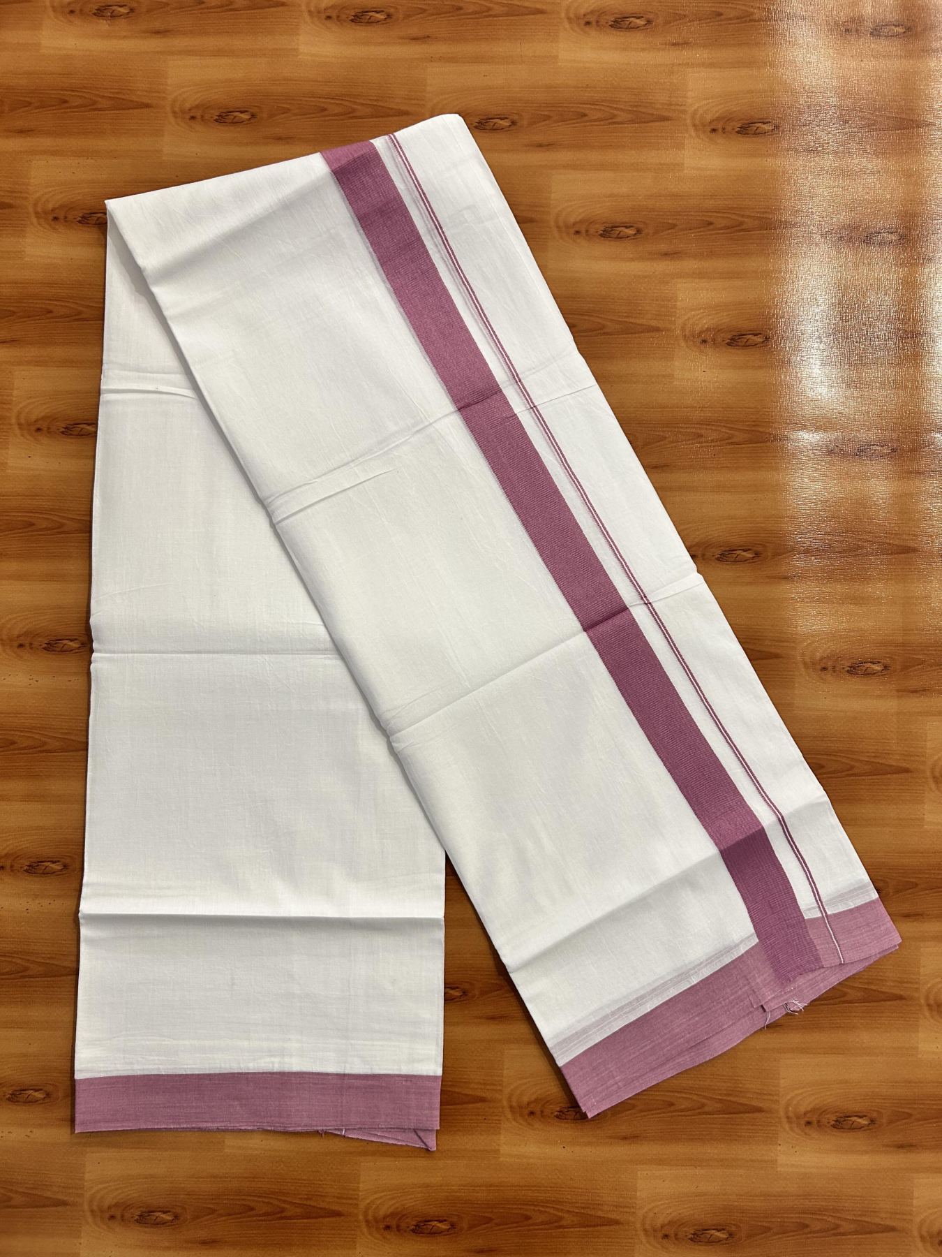 Pure White Double Mundu/Dhoti - 20% Discount ! Kaitharikada Pure Cotton - (60s) - 1.25 inch Lavender Pink Kara 3.80 mtr (8 muzham) - 34 KK5456 THI