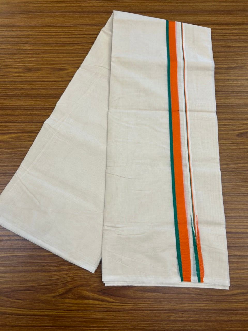 BJP VESHTI - 20% DISCOUNT! KaithariKada 100% Cotton off white Double - (Unbleached) Mundu/Dhoti - 100X100 - 1.25 inch Puliyilakkara Orange & Green Chutty Kara - 21 KK5268 ASH