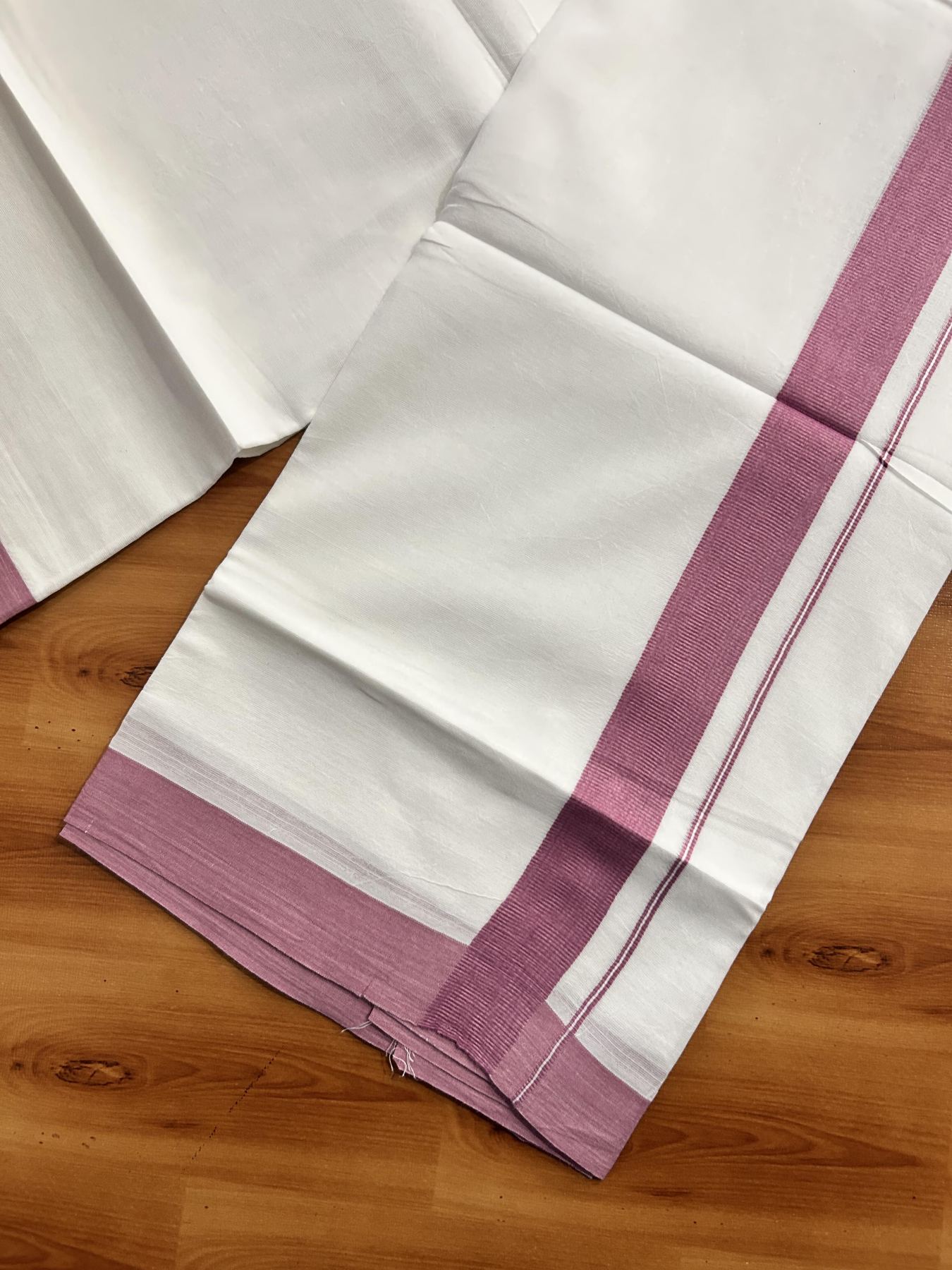 Pure White Double Mundu/Dhoti - 20% Discount ! Kaitharikada Pure Cotton - (60s) - 1.25 inch Lavender Pink Kara 3.80 mtr (8 muzham) - 34 KK5456 THI