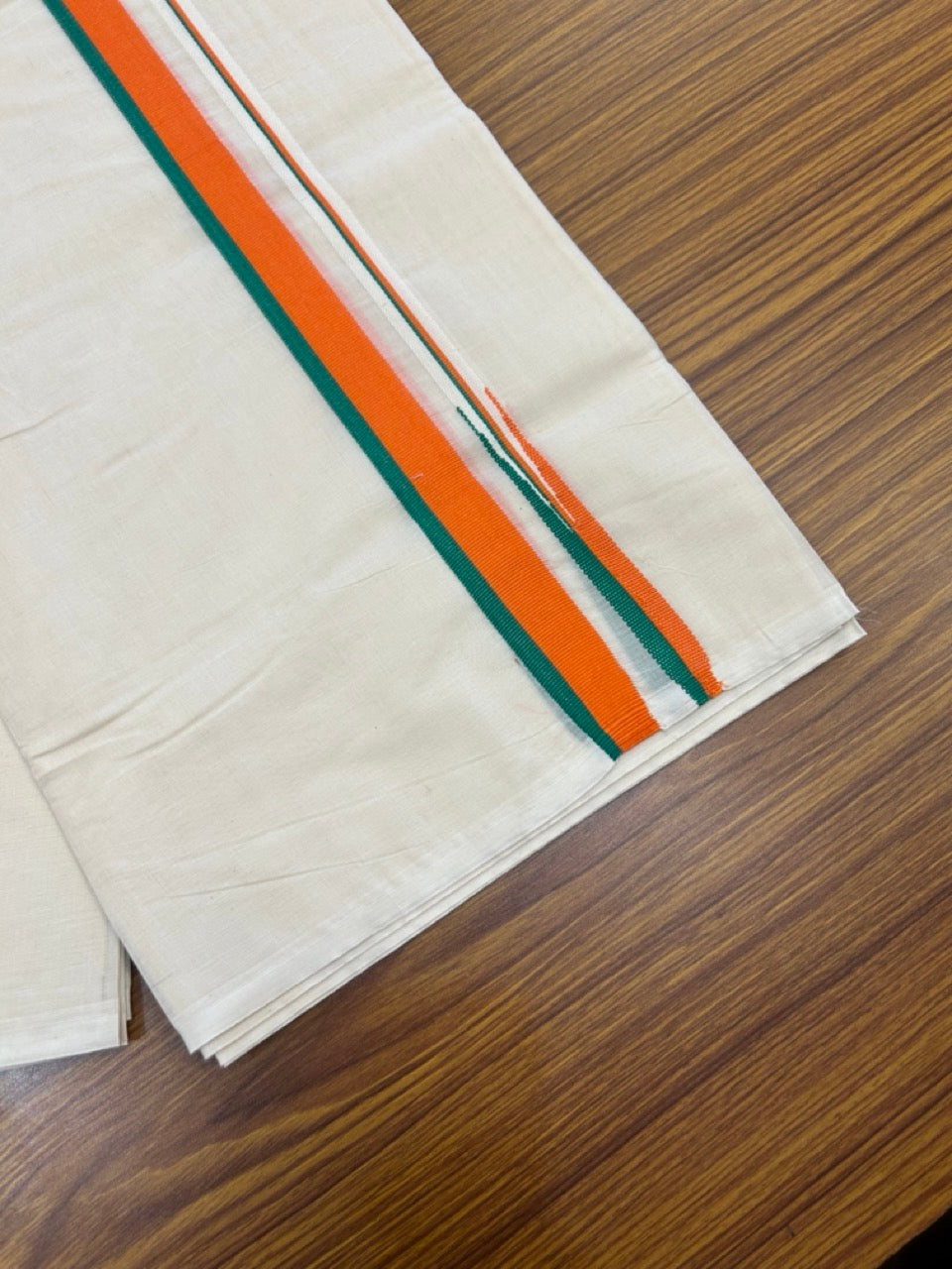 BJP VESHTI - 20% DISCOUNT! KaithariKada 100% Cotton off white Double - (Unbleached) Mundu/Dhoti - 100X100 - 1.25 inch Puliyilakkara Orange & Green Chutty Kara - 21 KK5268 ASH