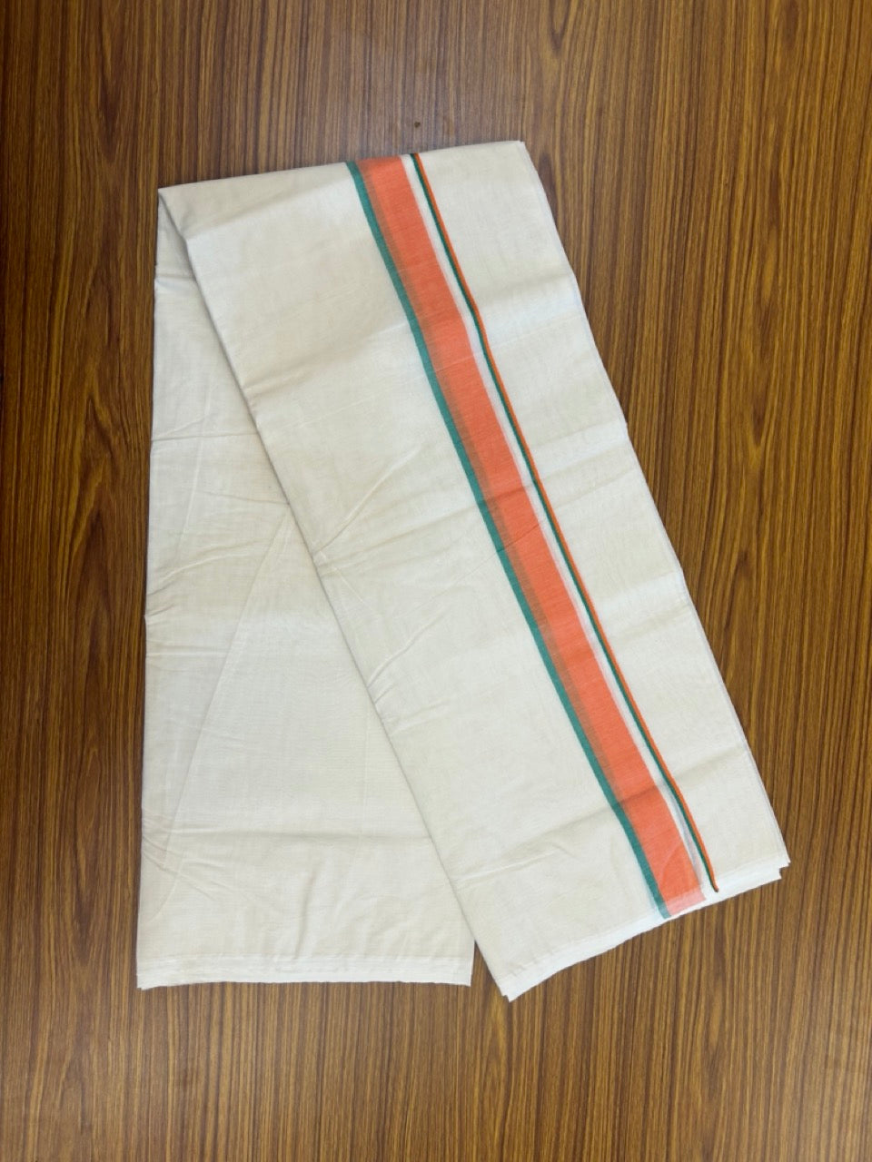 BJP VESHTI - 20% DISCOUNT! KaithariKada 100% Cotton off white Double - (Unbleached) Mundu/Dhoti - 100X100 - 1.5 inch Orange & Green Shaded Kara 4 mtr (8.5 muzham) - 29  KK5268 ASH