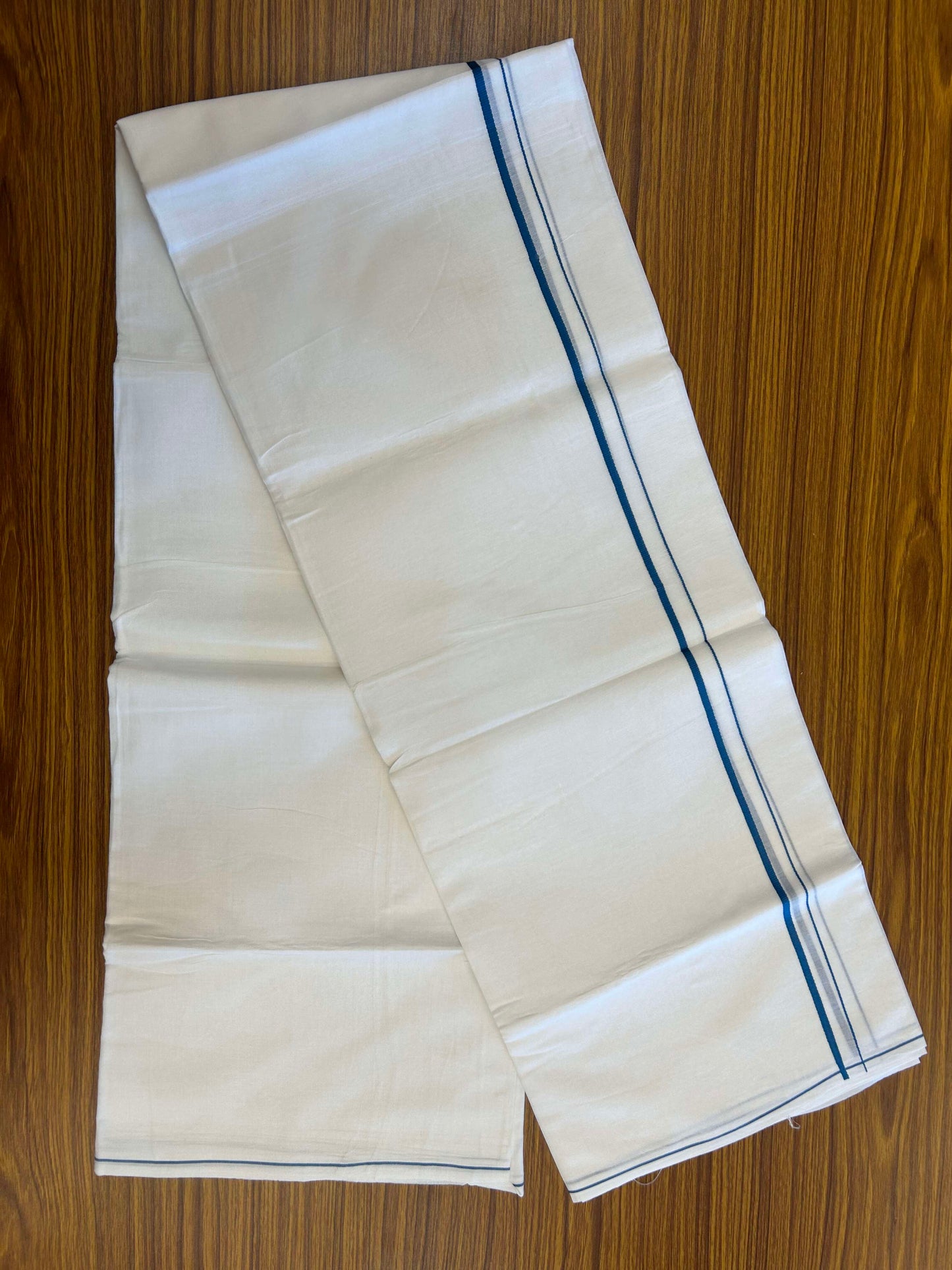 20% Discount ! Kaitharikada Balaramapuram 100% Cotton Pure White Double Mundu/Dothi - 100x80 - 0.4 cm Peacock Blue thin Kara 3.90 m (8 muzham) - 8 KK5301CKS