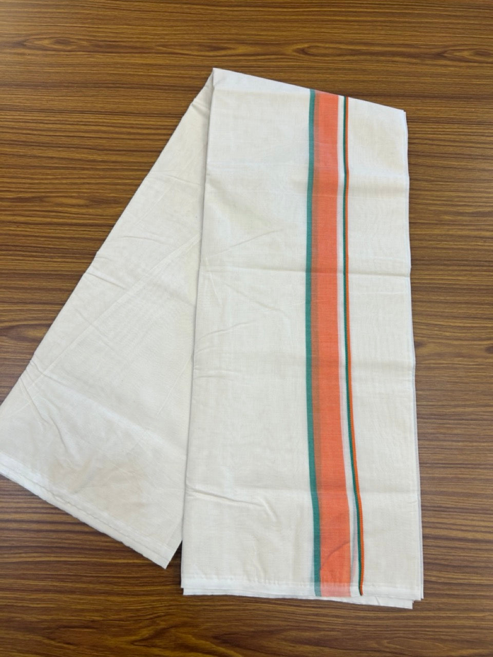 BJP VESHTI - 20% DISCOUNT! KaithariKada 100% Cotton off white Double - (Unbleached) Mundu/Dhoti - 100X100 - 1.5 inch Orange & Green Shaded Kara 4 mtr (8.5 muzham) - 29  KK5268 ASH