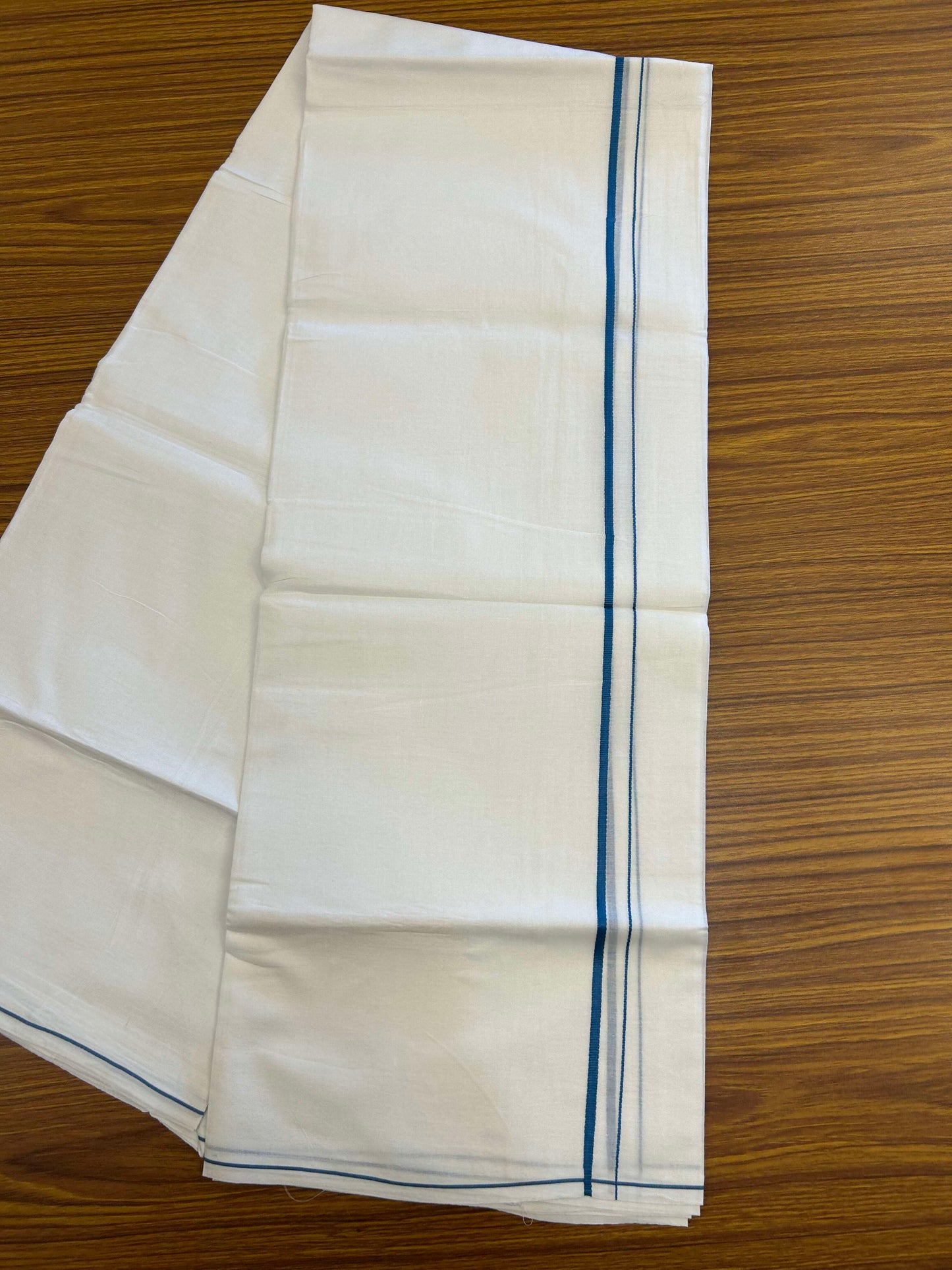 20% Discount ! Kaitharikada Balaramapuram 100% Cotton Pure White Double Mundu/Dothi - 100x80 - 0.4 cm Peacock Blue thin Kara 3.90 m (8 muzham) - 8 KK5301CKS