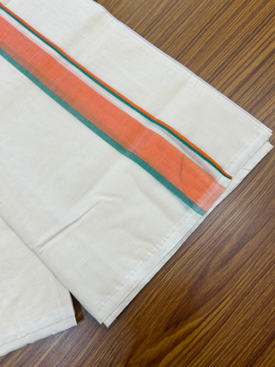 BJP VESHTI - 20% DISCOUNT! KaithariKada 100% Cotton off white Double - (Unbleached) Mundu/Dhoti - 100X100 - 1.5 inch Orange & Green Shaded Kara 4 mtr (8.5 muzham) - 29  KK5268 ASH