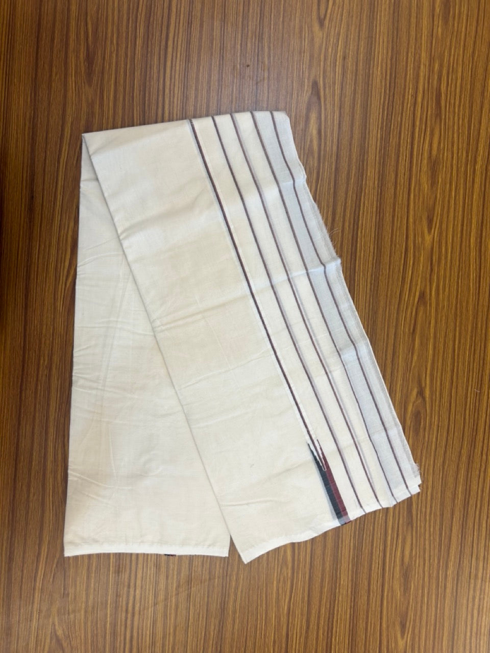 DMK Veshti -20% DISCOUNT! KaithariKada 100% Cotton off white Double - (Unbleached) Mundu/Dhoti - 100X100 - 5.25 inch Puliyilakkara Black & Maroon Striped Chutty kara - 23 KK5268 ASH
