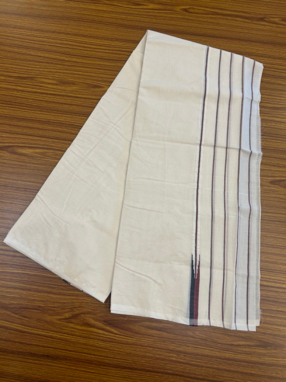 DMK Veshti -20% DISCOUNT! KaithariKada 100% Cotton off white Double - (Unbleached) Mundu/Dhoti - 100X100 - 5.25 inch Puliyilakkara Black & Maroon Striped Chutty kara - 23 KK5268 ASH
