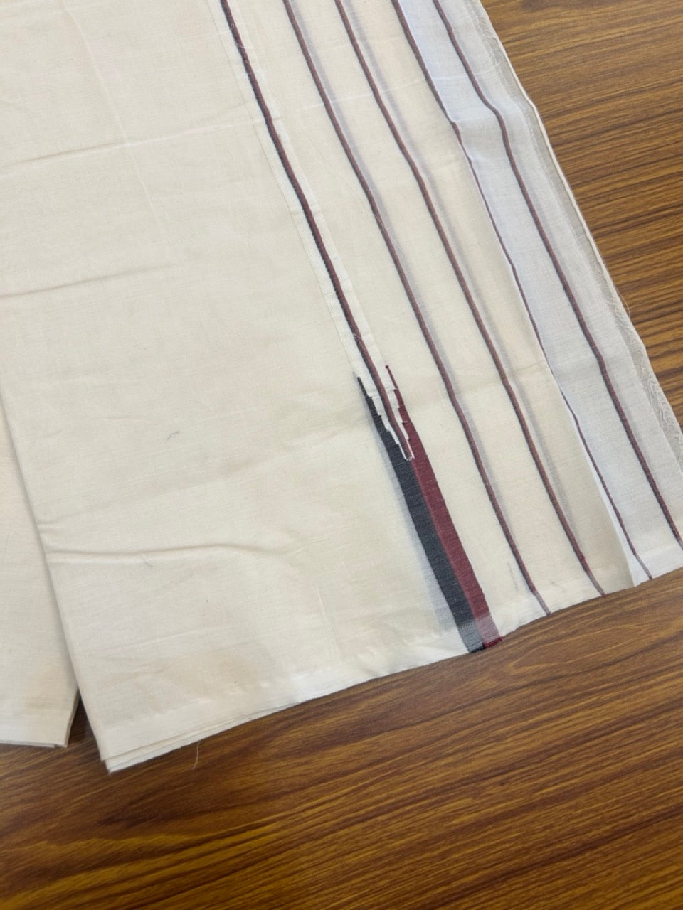 DMK Veshti -20% DISCOUNT! KaithariKada 100% Cotton off white Double - (Unbleached) Mundu/Dhoti - 100X100 - 5.25 inch Puliyilakkara Black & Maroon Striped Chutty kara - 23 KK5268 ASH