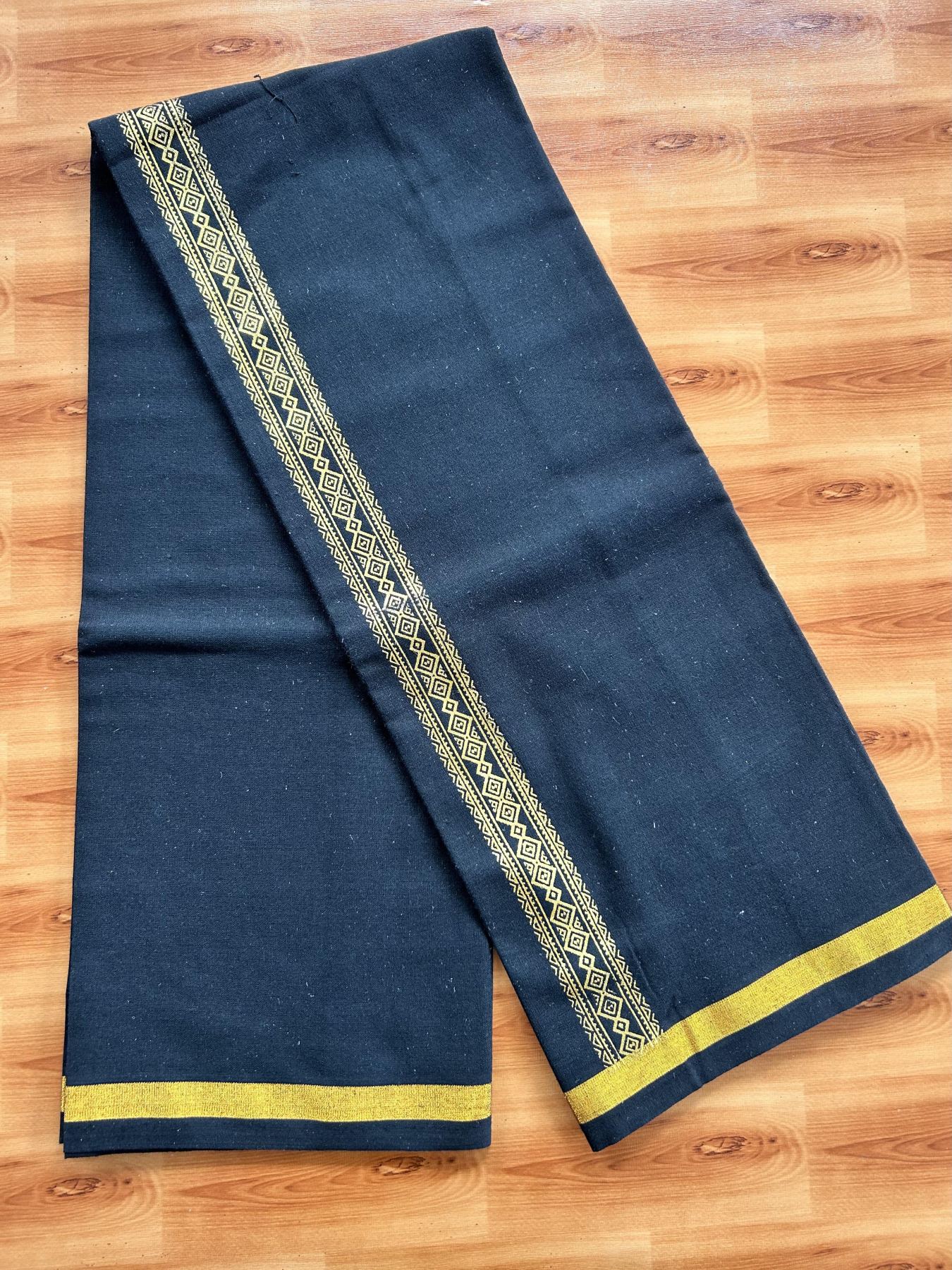 Kaitharikada - Single Kaily / Lungi - Mixed Cotton - 40s twisted - 1.5 inch  Dark Gold Kasav Printed Design kara with Black colour body (2 meter / 4 muzham) - 13 KK8058 GAN