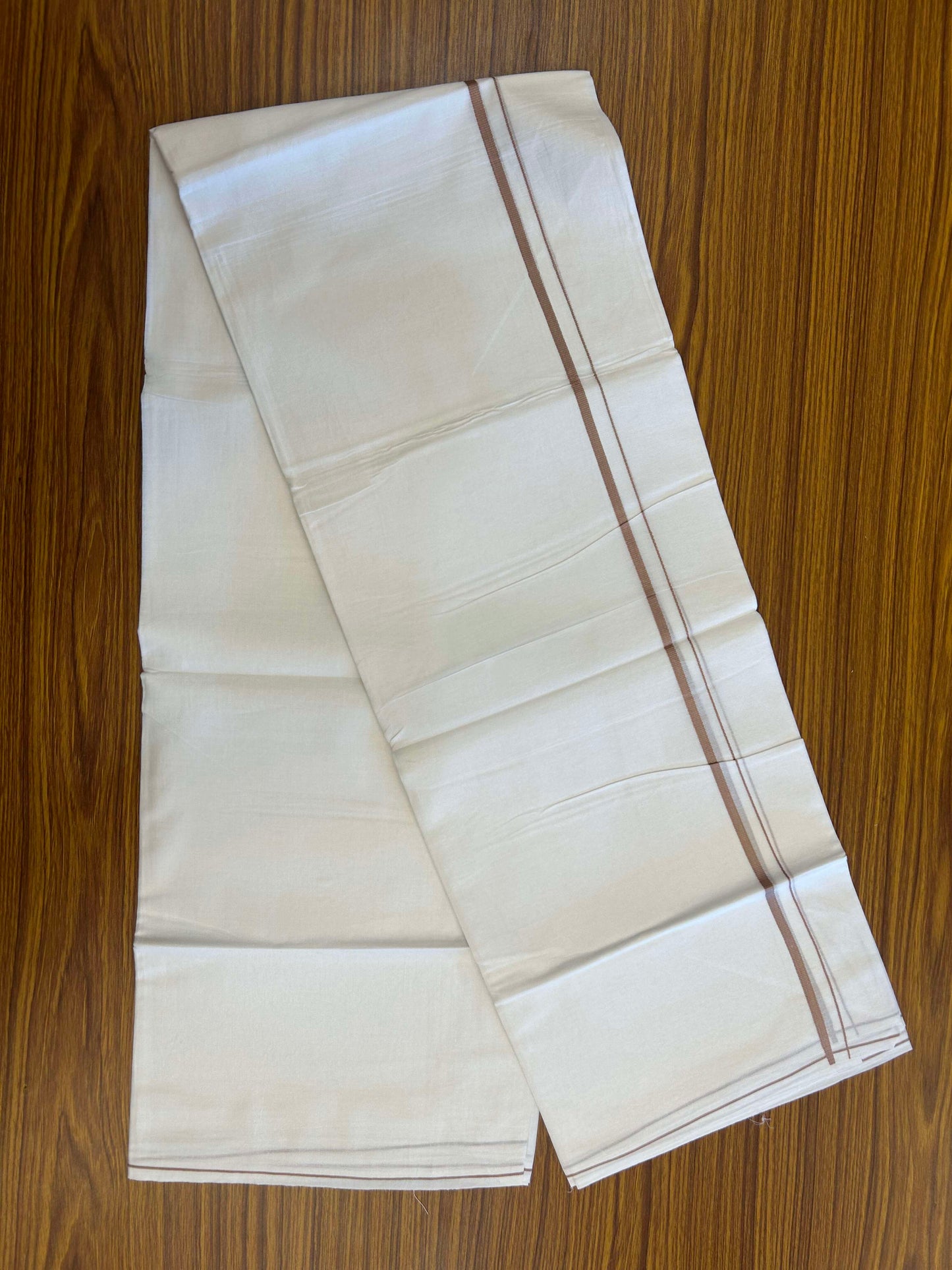 20% Discount ! Kaitharikada Balaramapuram 100% Cotton Pure White Double Mundu/Dothi - 100x80 - 0.4 cm Pinkish Brown thin Kara 3.90 m (8 muzham) - 11 KK5301CKS