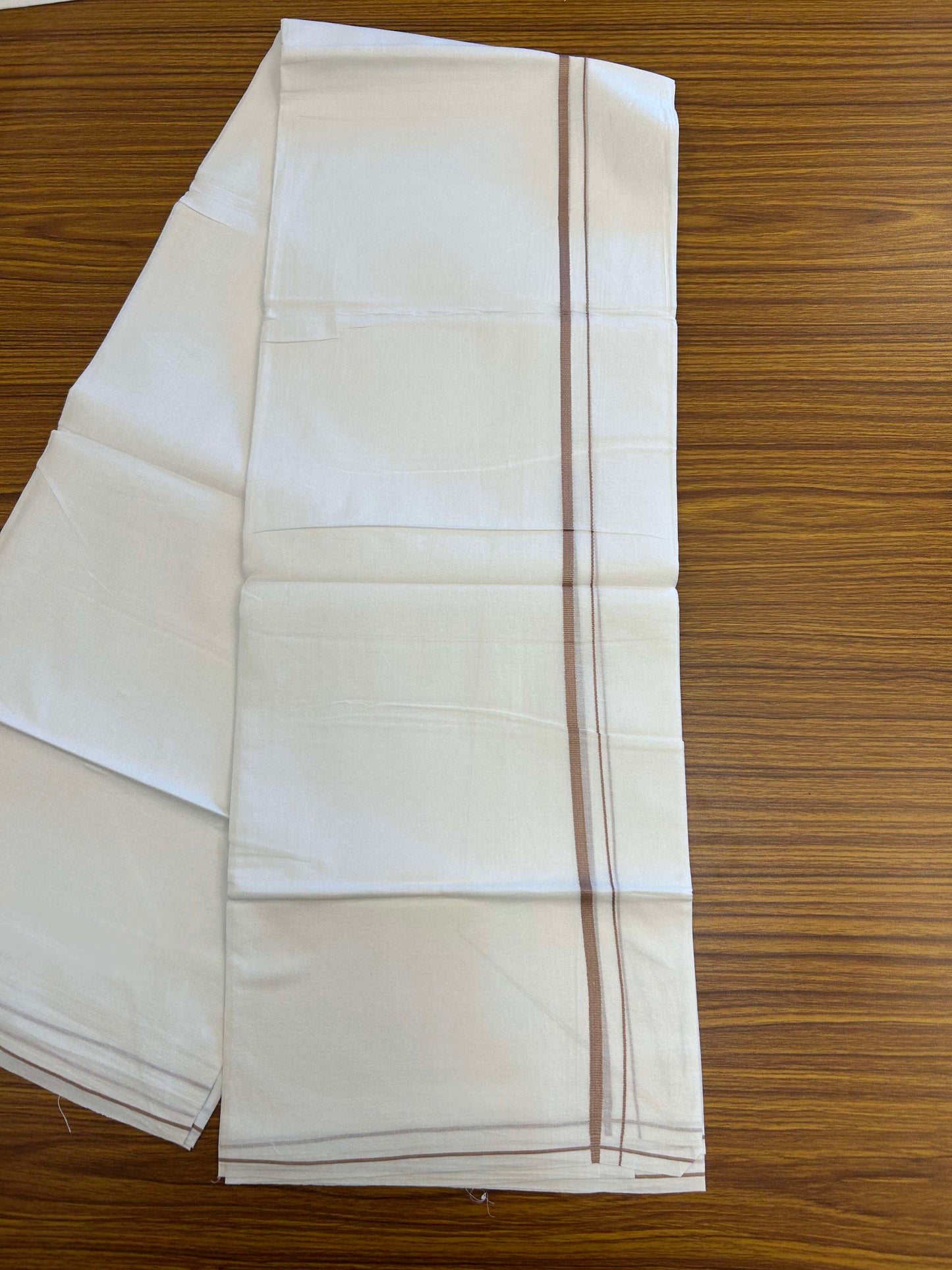 20% Discount ! Kaitharikada Balaramapuram 100% Cotton Pure White Double Mundu/Dothi - 100x80 - 0.4 cm Pinkish Brown thin Kara 3.90 m (8 muzham) - 11 KK5301CKS