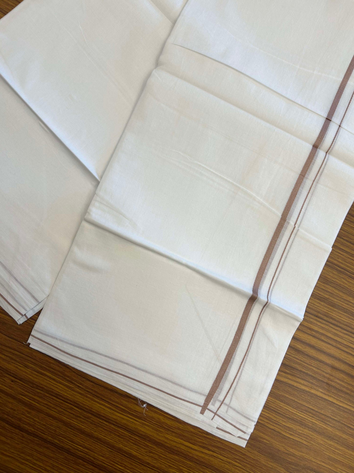 20% Discount ! Kaitharikada Balaramapuram 100% Cotton Pure White Double Mundu/Dothi - 100x80 - 0.4 cm Pinkish Brown thin Kara 3.90 m (8 muzham) - 11 KK5301CKS