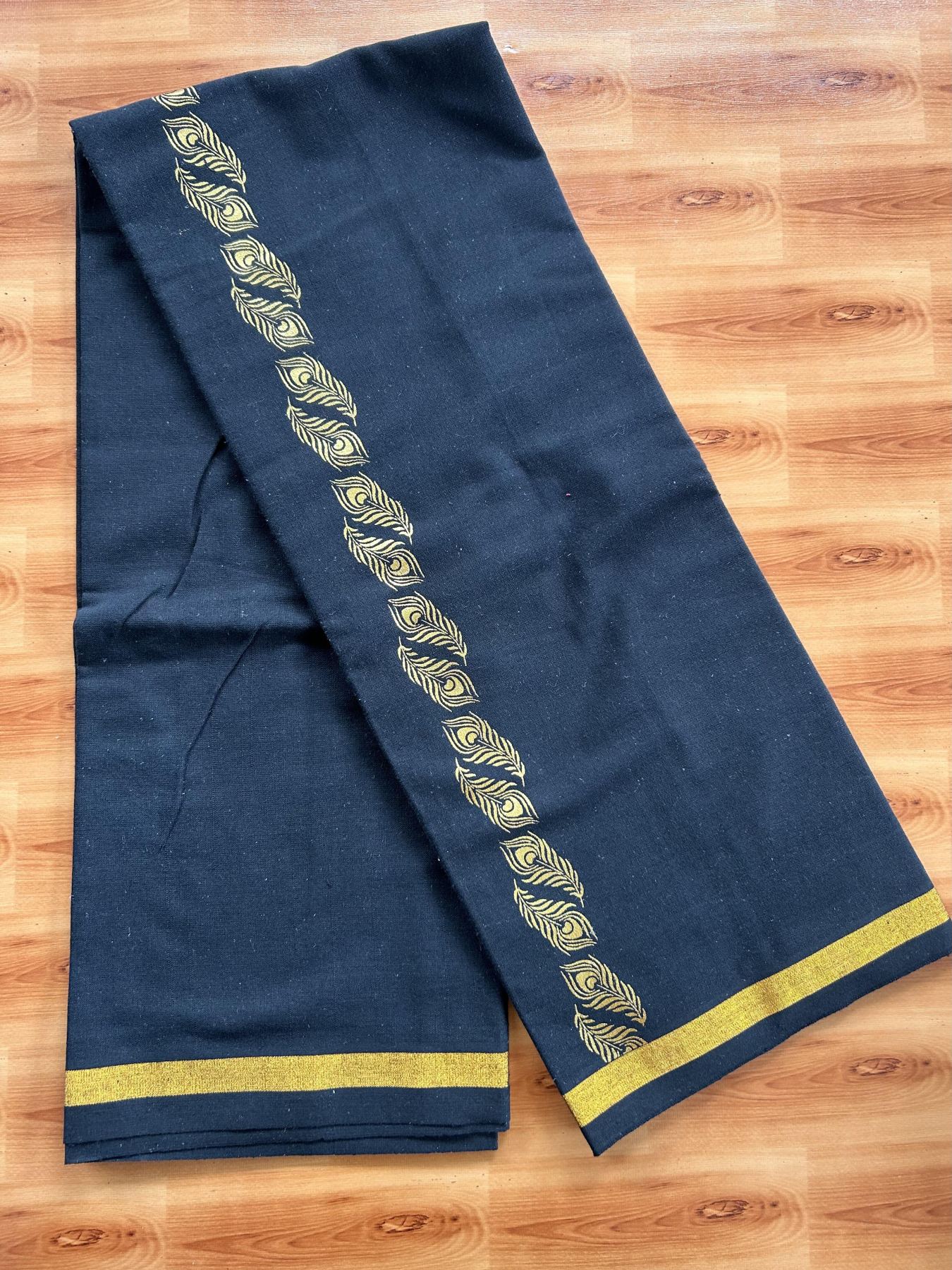 Kaitharikada - Single Kaily / Lungi - Mixed Cotton - 40s twisted - 1.25 inch Dark Gold Kasav Peacock Feather Printed Design kara with Black colour body (2 meter / 4 muzham) - 16 KK8058 GAN
