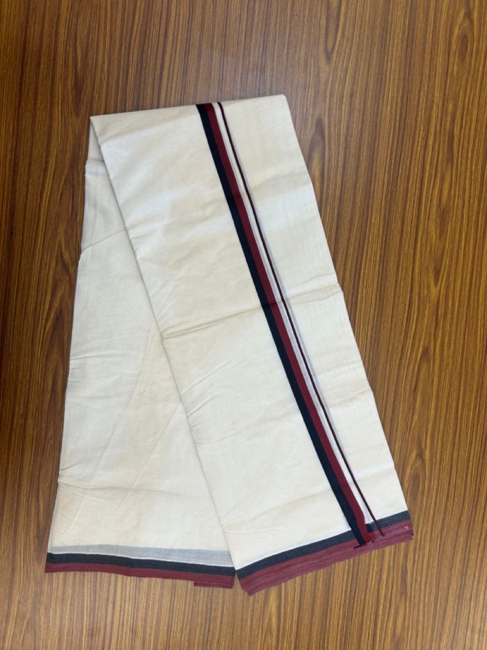 DMK Veshti - 20% DISCOUNT! KaithariKada 100% Cotton off white Double - (Unbleached) Mundu/Dhoti - 100X100 - 0.75 inch Black & Maroon shaded kara - 26 KK5268 ASH