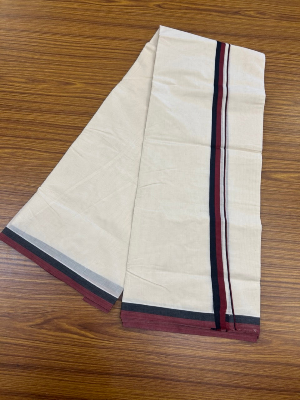 DMK Veshti - 20% DISCOUNT! KaithariKada 100% Cotton off white Double - (Unbleached) Mundu/Dhoti - 100X100 - 0.75 inch Black & Maroon shaded kara - 26 KK5268 ASH