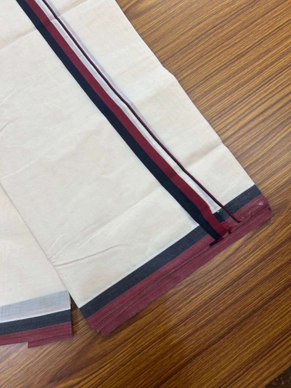 DMK Veshti - 20% DISCOUNT! KaithariKada 100% Cotton off white Double - (Unbleached) Mundu/Dhoti - 100X100 - 0.75 inch Black & Maroon shaded kara - 26 KK5268 ASH