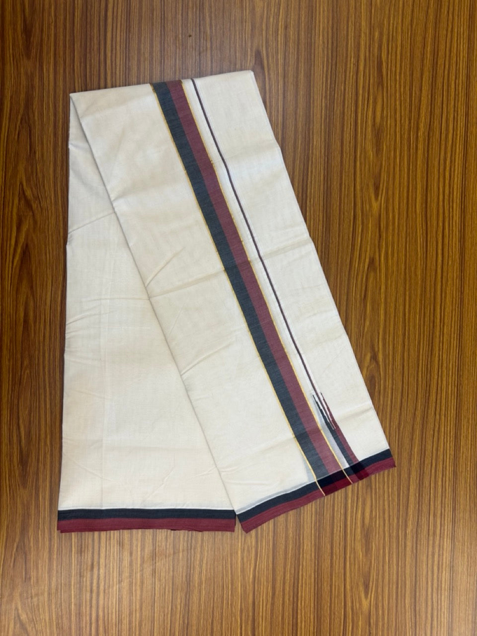 DMK Veshti - 20% Discount !! KaithariKada Balaramapuram Double Off white - (Unbleached) Mundu/Dhoti - 100X100 - 1.5 inch Puliyilakkara Kasavu Maroon & Black Chutty Kara - 28 KK5268 ASH