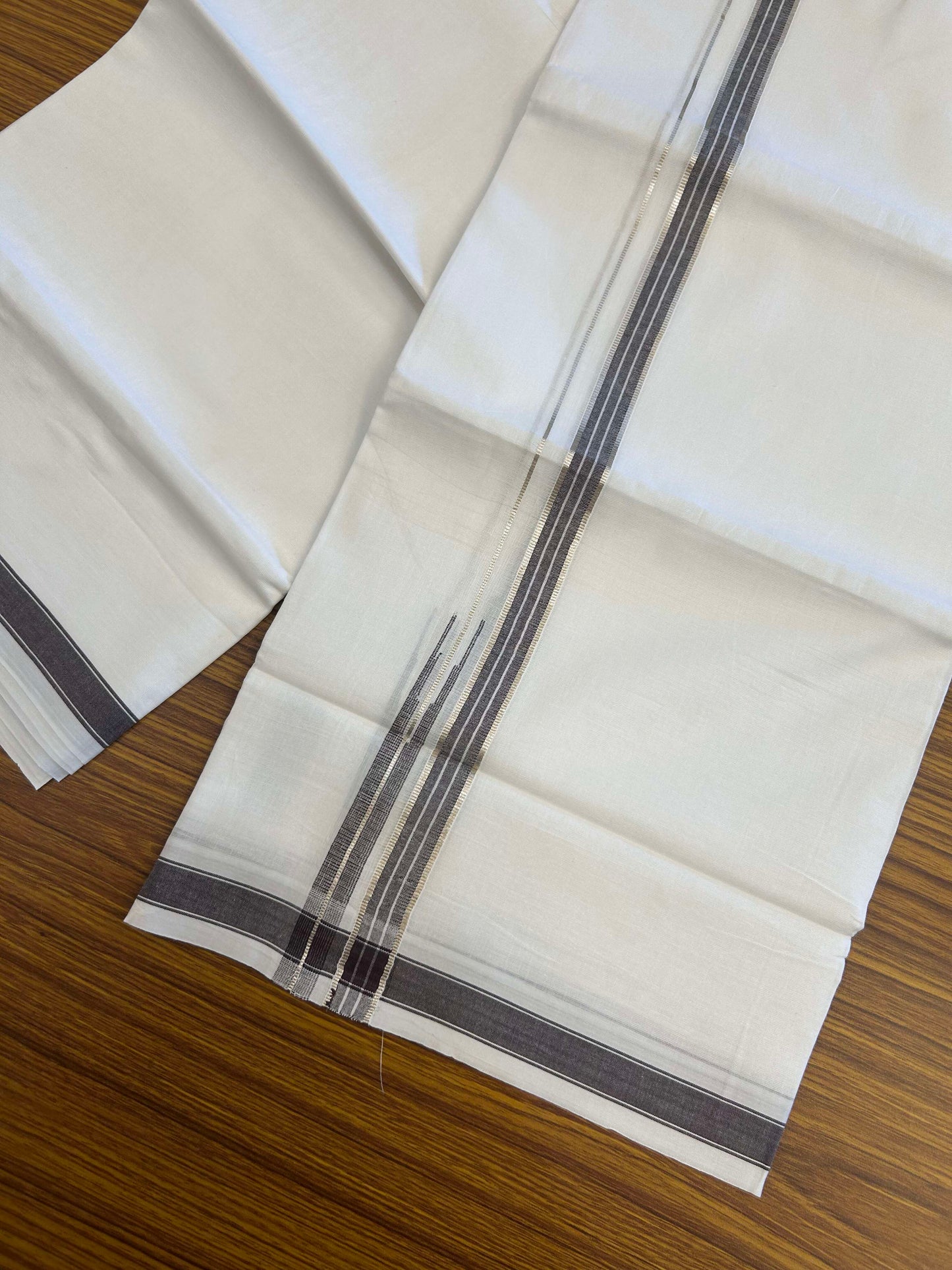 20% Discount!! Kaitharikada Balaramapuram 100% Pure Cotton Pure White Double Mundu/Dothi - 100x80 - 1.5 cm Brown & Silver Kasav Puliyilakkara One Side Chutty Kara 3.90 m (8 muzham) - 21 KK5310 CKS