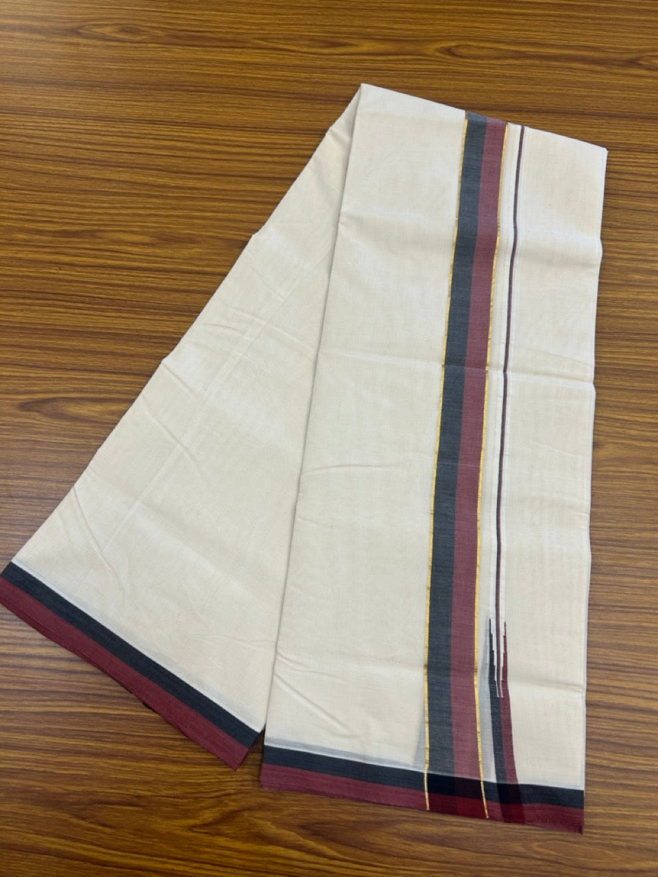 DMK Veshti - 20% Discount !! KaithariKada Balaramapuram Double Off white - (Unbleached) Mundu/Dhoti - 100X100 - 1.5 inch Puliyilakkara Kasavu Maroon & Black Chutty Kara - 28 KK5268 ASH