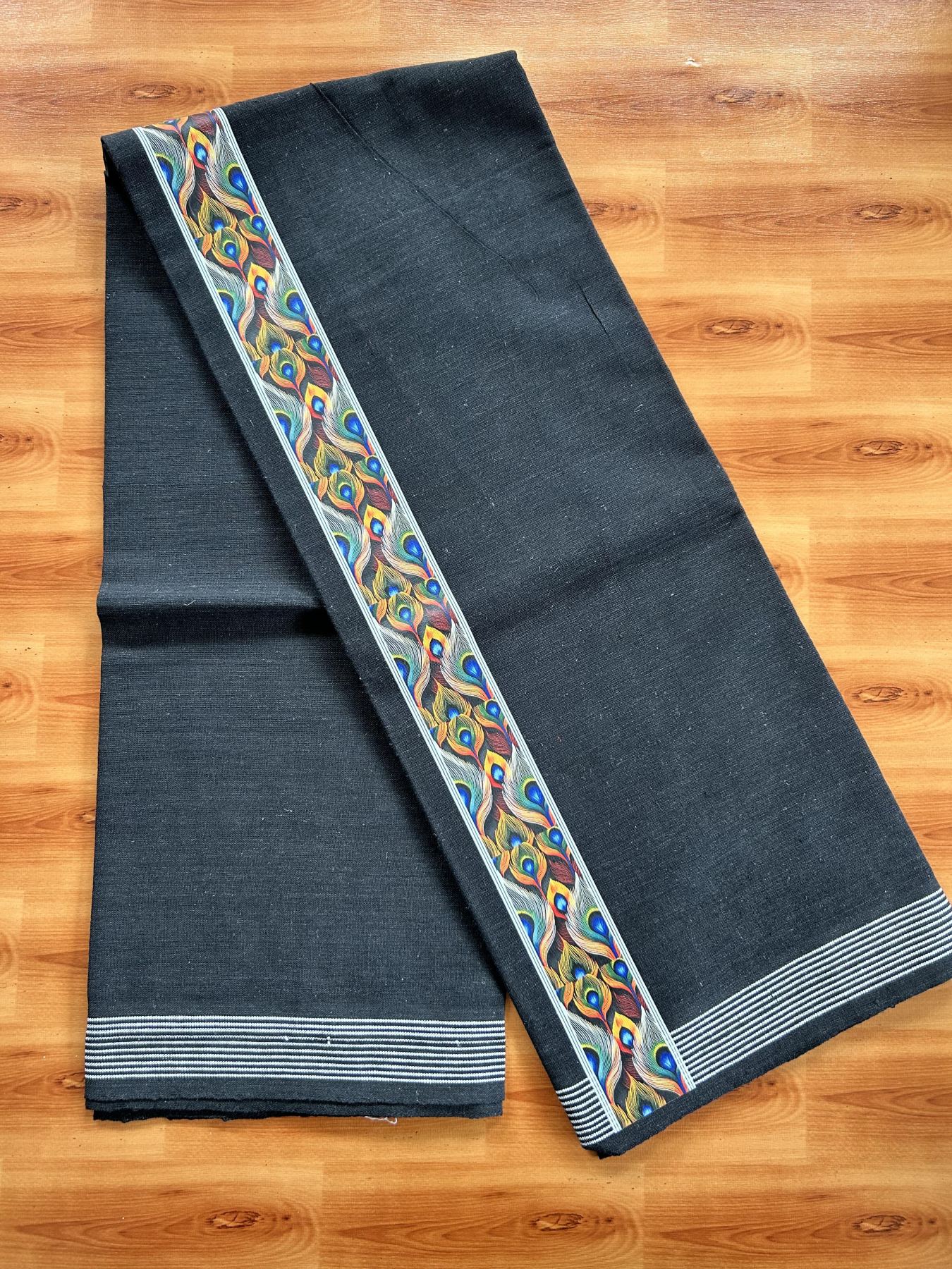 Kaitharikada - Single Kaily / Lungi - Mixed Cotton - 40s twisted - 2 inch Multi Colour Peacock Feather Printed Design Kara with Black colour body (2 meter / 4 muzham) - 26 KK8058 GAN