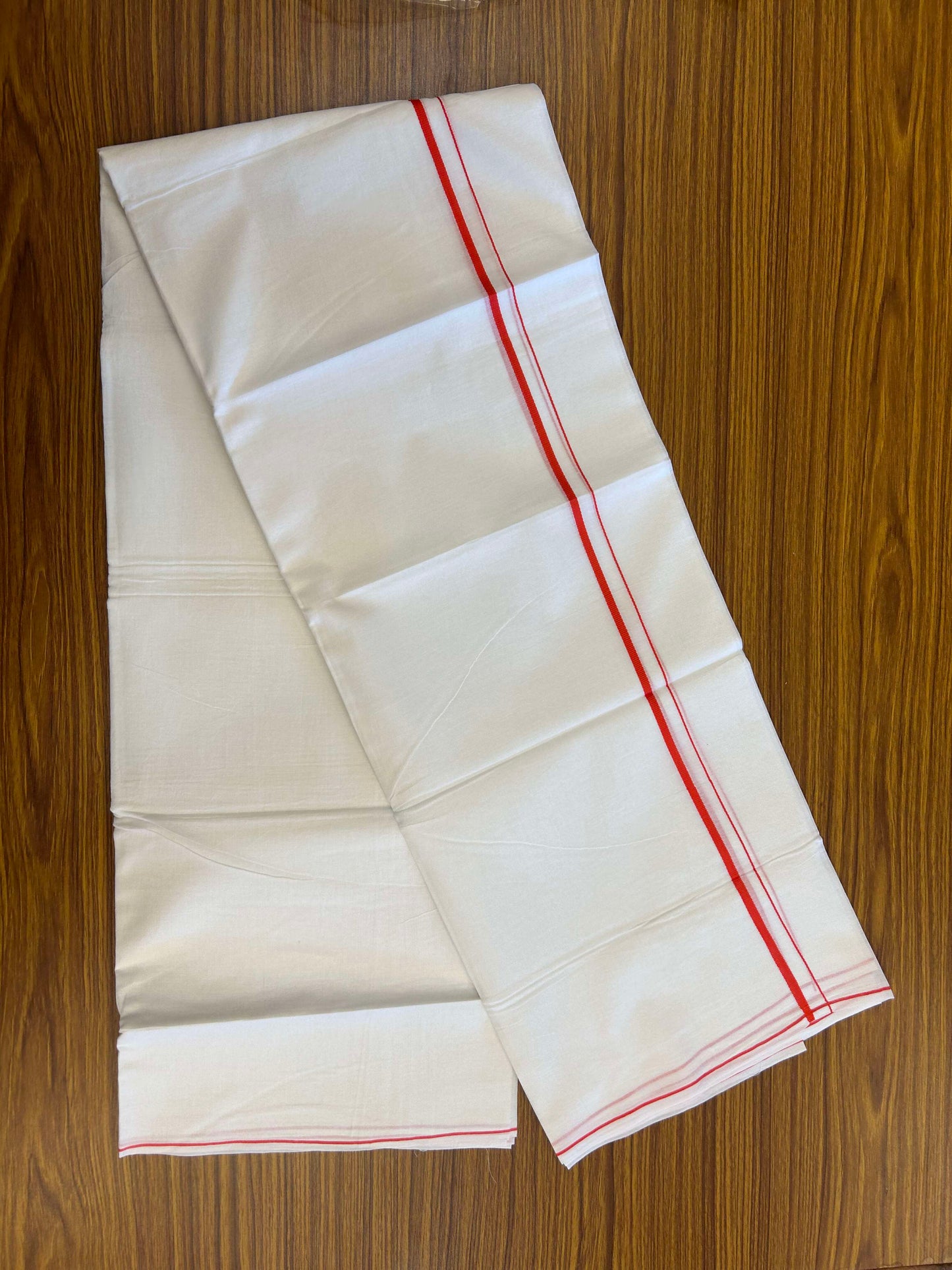 20% Discount ! Kaitharikada Balaramapuram 100% Cotton Pure White Double Mundu/Dothi - 100x80 - 0.4 cm Red thin Kara 3.90 m (8 muzham) - 14 KK5301CKS