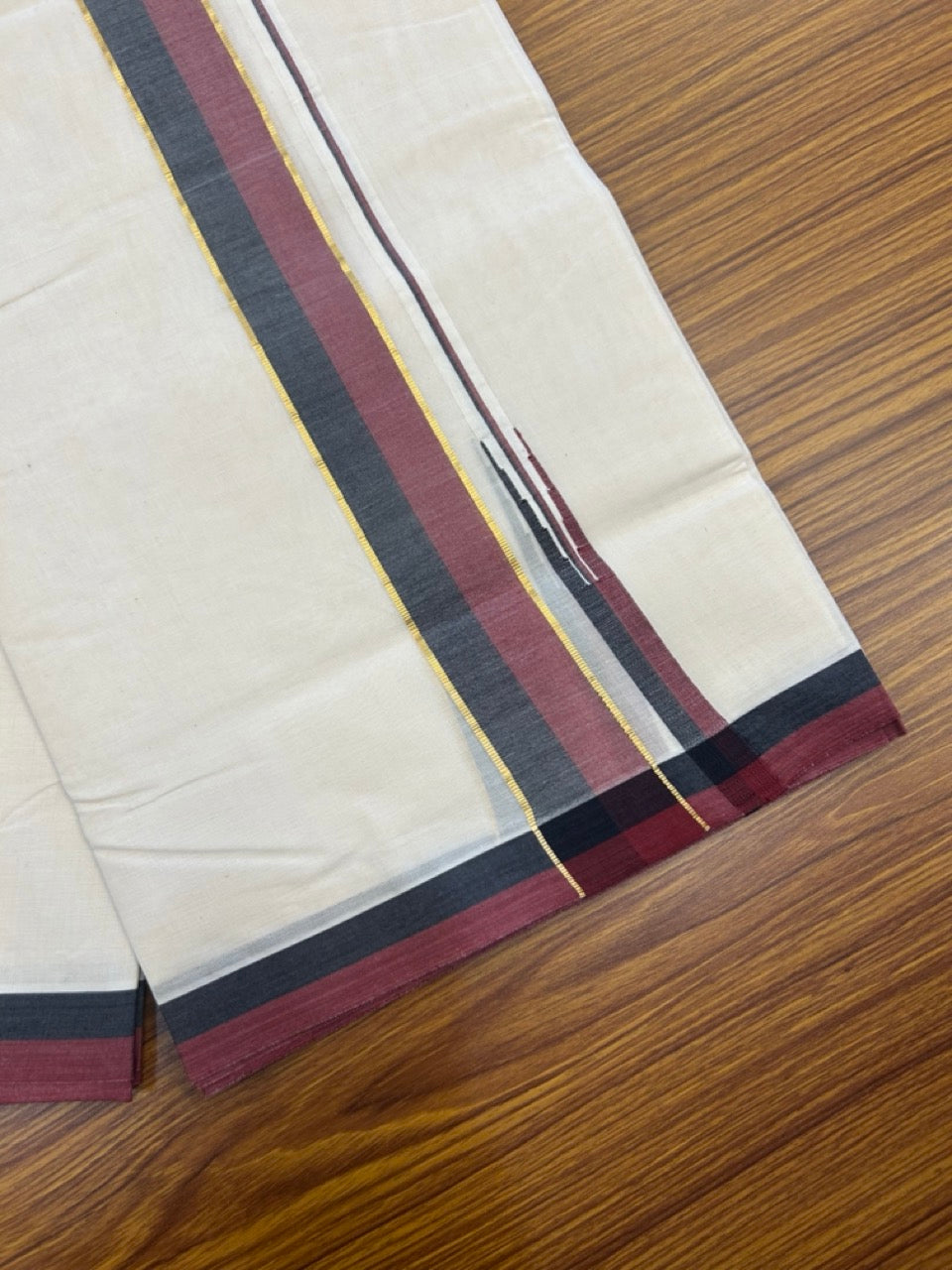 DMK Veshti - 20% Discount !! KaithariKada Balaramapuram Double Off white - (Unbleached) Mundu/Dhoti - 100X100 - 1.5 inch Puliyilakkara Kasavu Maroon & Black Chutty Kara - 28 KK5268 ASH