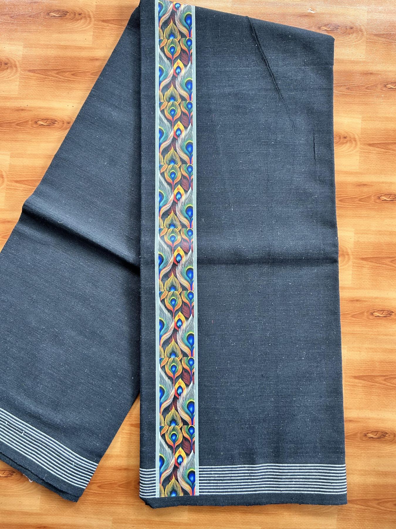 Kaitharikada - Single Kaily / Lungi - Mixed Cotton - 40s twisted - 2 inch Multi Colour Peacock Feather Printed Design Kara with Black colour body (2 meter / 4 muzham) - 26 KK8058 GAN