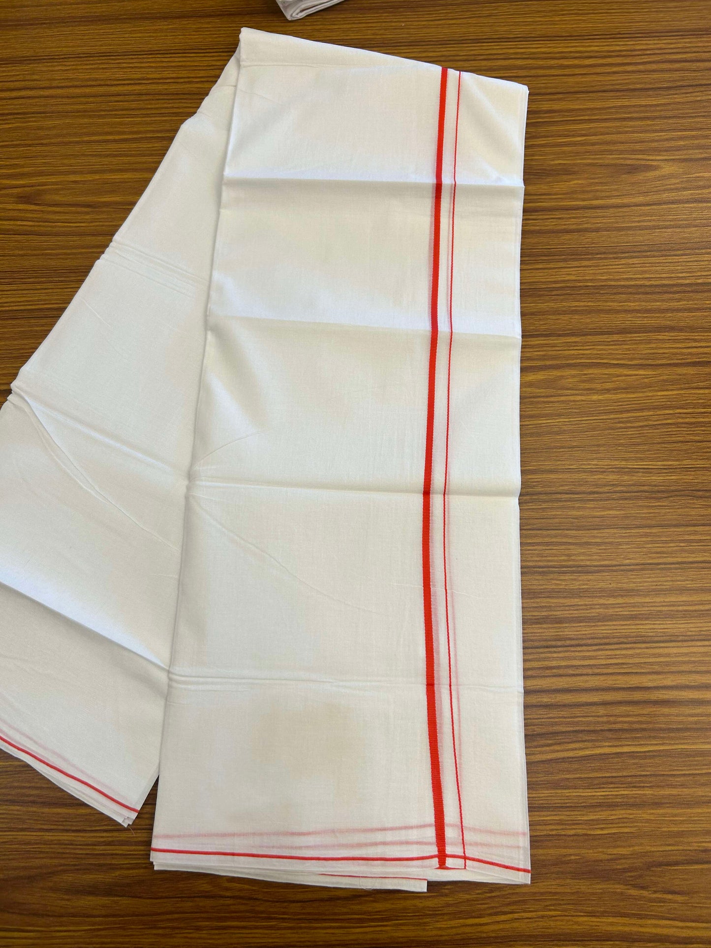 20% Discount ! Kaitharikada Balaramapuram 100% Cotton Pure White Double Mundu/Dothi - 100x80 - 0.4 cm Red thin Kara 3.90 m (8 muzham) - 14 KK5301CKS