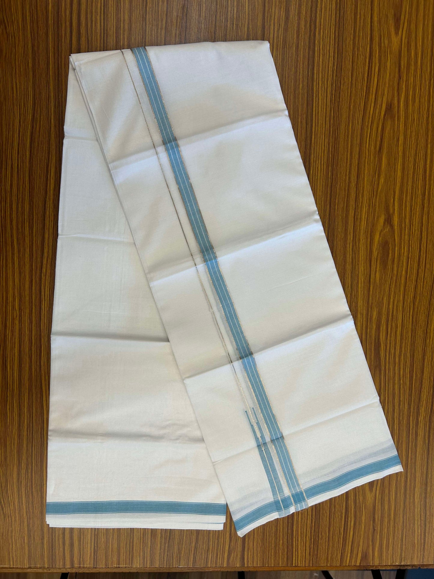 20% Discount!! Kaitharikada Balaramapuram 100% Pure Cotton Pure White Double Mundu/Dothi - 100x80 - 1.5 cm Blue & Silver Kasav Puliyilakkara One Side Chutty Kara 3.90 m (8 muzham) - 22 KK5310 CKS