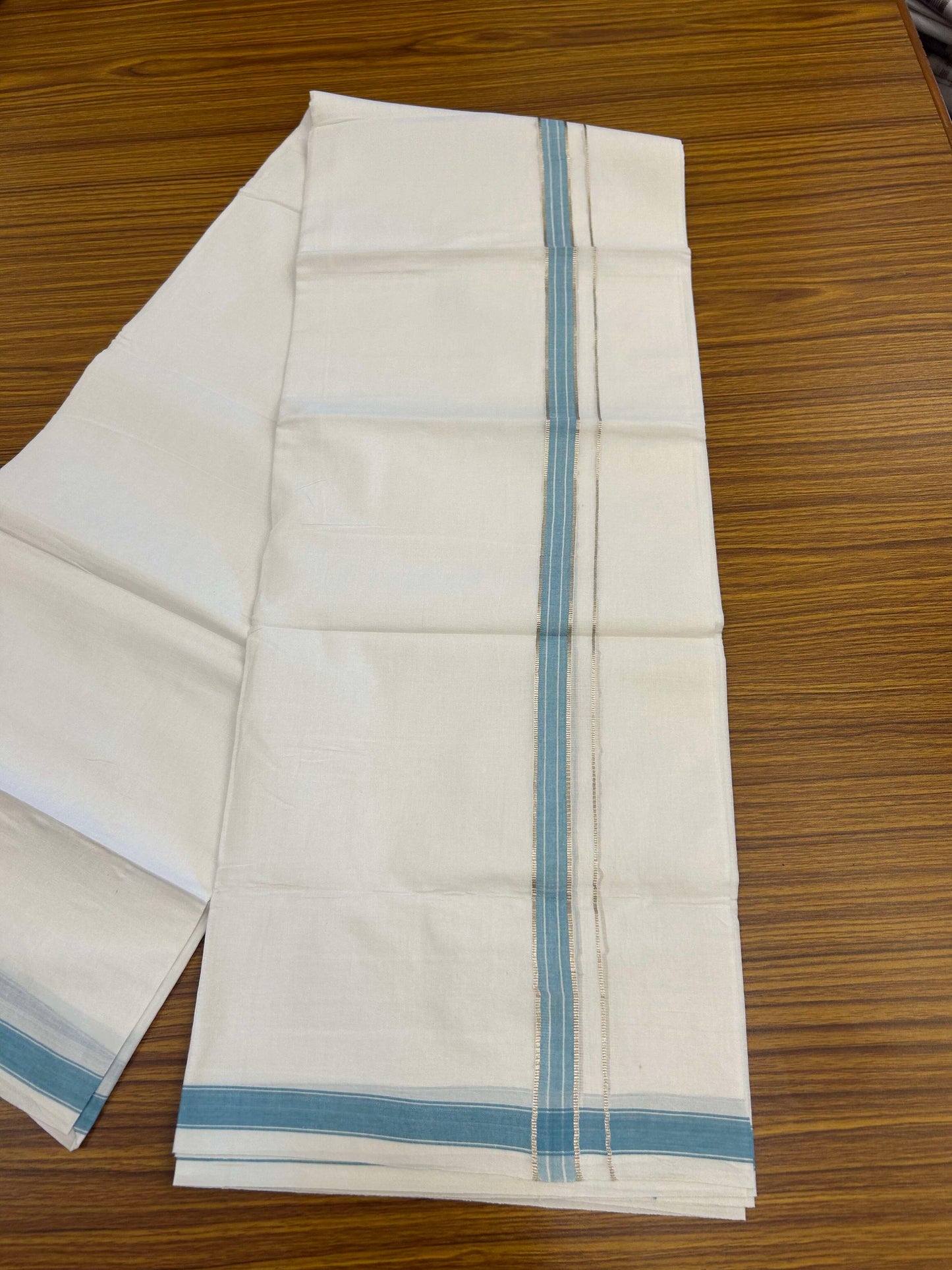 20% Discount!! Kaitharikada Balaramapuram 100% Pure Cotton Pure White Double Mundu/Dothi - 100x80 - 1.5 cm Blue & Silver Kasav Puliyilakkara One Side Chutty Kara 3.90 m (8 muzham) - 22 KK5310 CKS