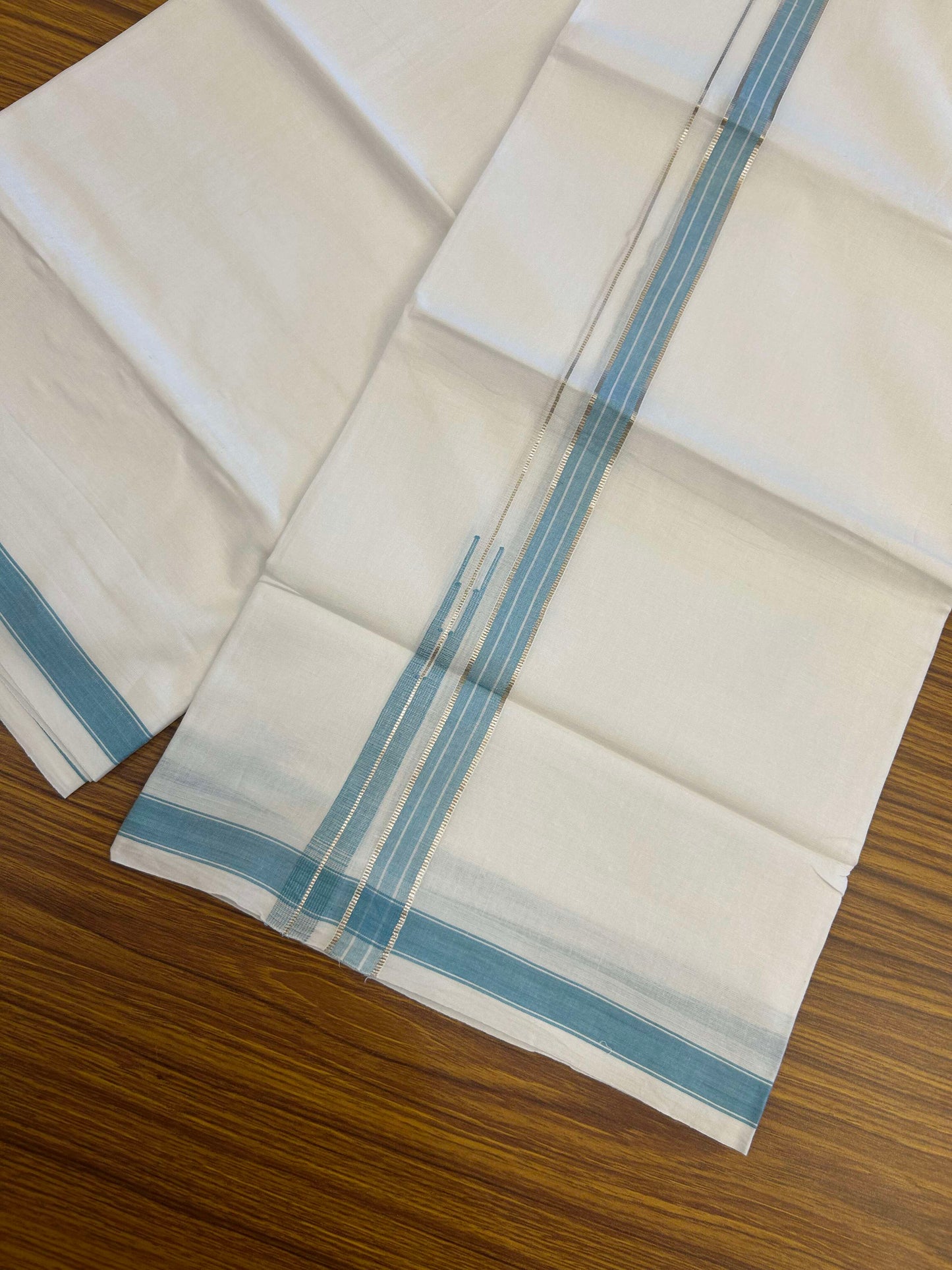 20% Discount!! Kaitharikada Balaramapuram 100% Pure Cotton Pure White Double Mundu/Dothi - 100x80 - 1.5 cm Blue & Silver Kasav Puliyilakkara One Side Chutty Kara 3.90 m (8 muzham) - 22 KK5310 CKS