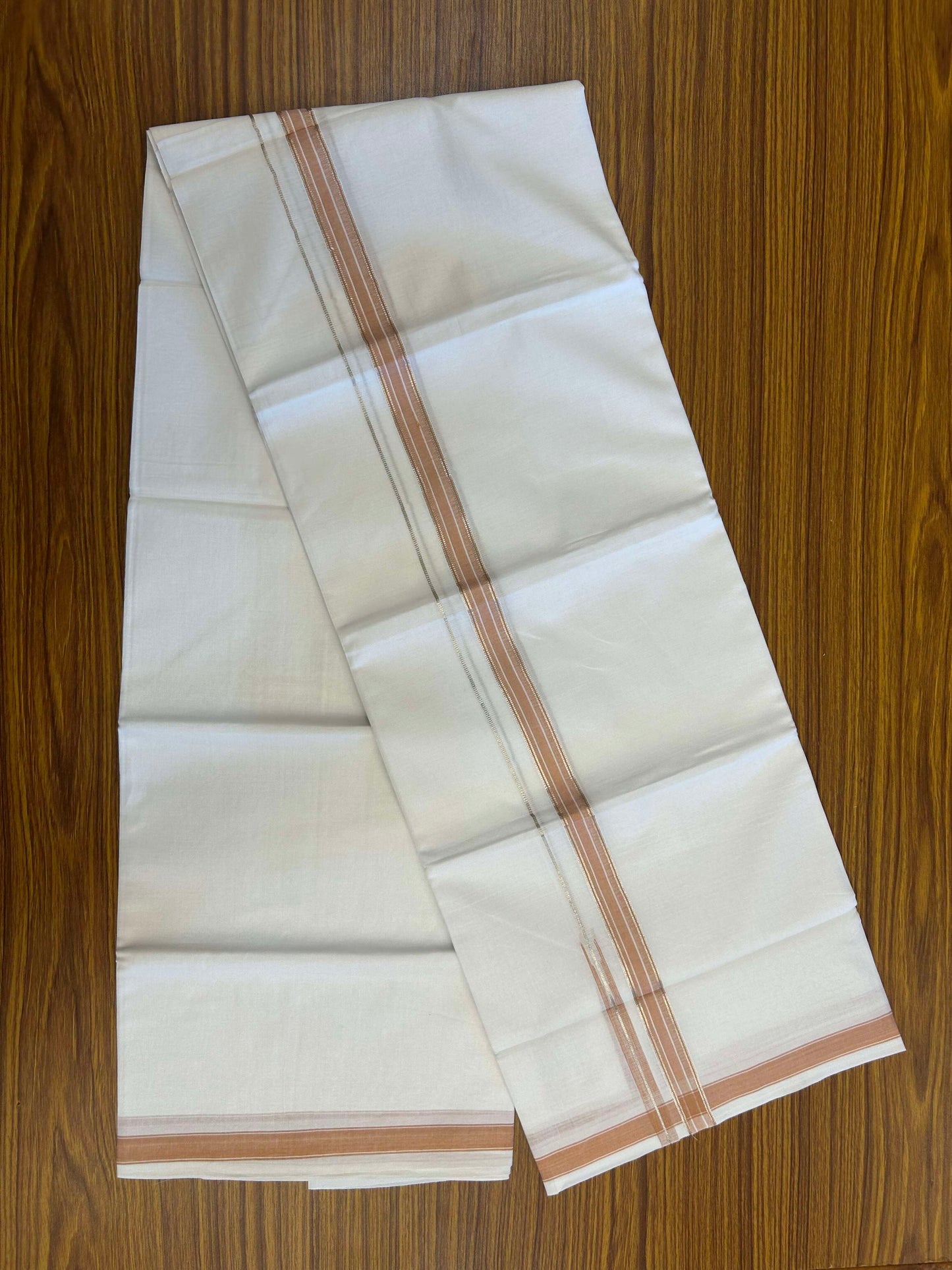 20% Discount!! Kaitharikada Balaramapuram 100% Pure Cotton Pure White Double Mundu/Dothi - 100x80 - 1.5 cm Brownish Orange & Silver Kasav Puliyilakkara One Side Chutty Kara 3.90 m (8 muzham) - 24 KK5310 CKS