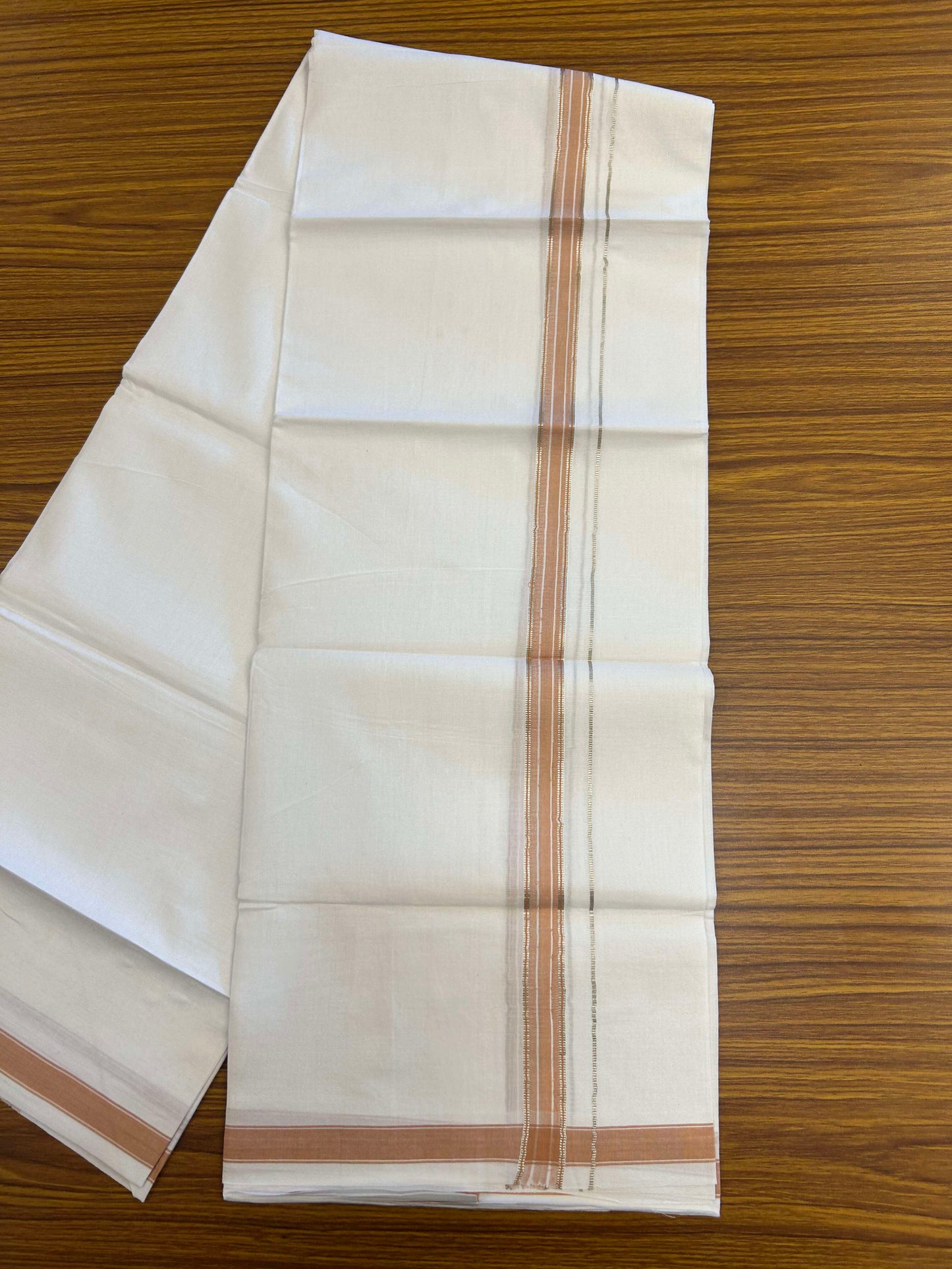 20% Discount!! Kaitharikada Balaramapuram 100% Pure Cotton Pure White Double Mundu/Dothi - 100x80 - 1.5 cm Brownish Orange & Silver Kasav Puliyilakkara One Side Chutty Kara 3.90 m (8 muzham) - 24 KK5310 CKS