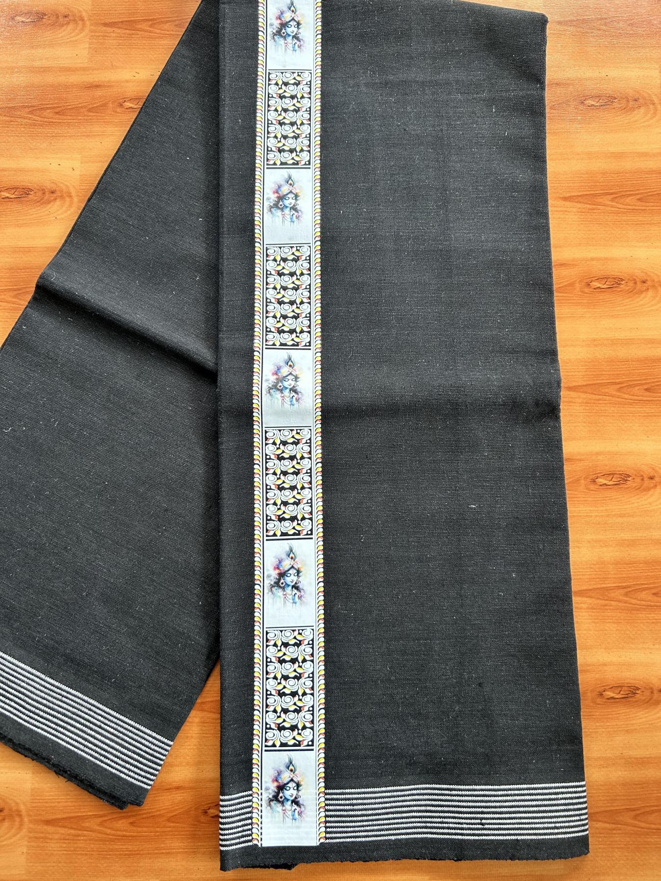 Kaitharikada - Single Kaily / Lungi - Mixed Cotton - 40s twisted - 1.75 inch Multi Colour Krishna Printed Design Kara with Black colour body (2 meter / 4 muzham) - 28 KK8058 GAN
