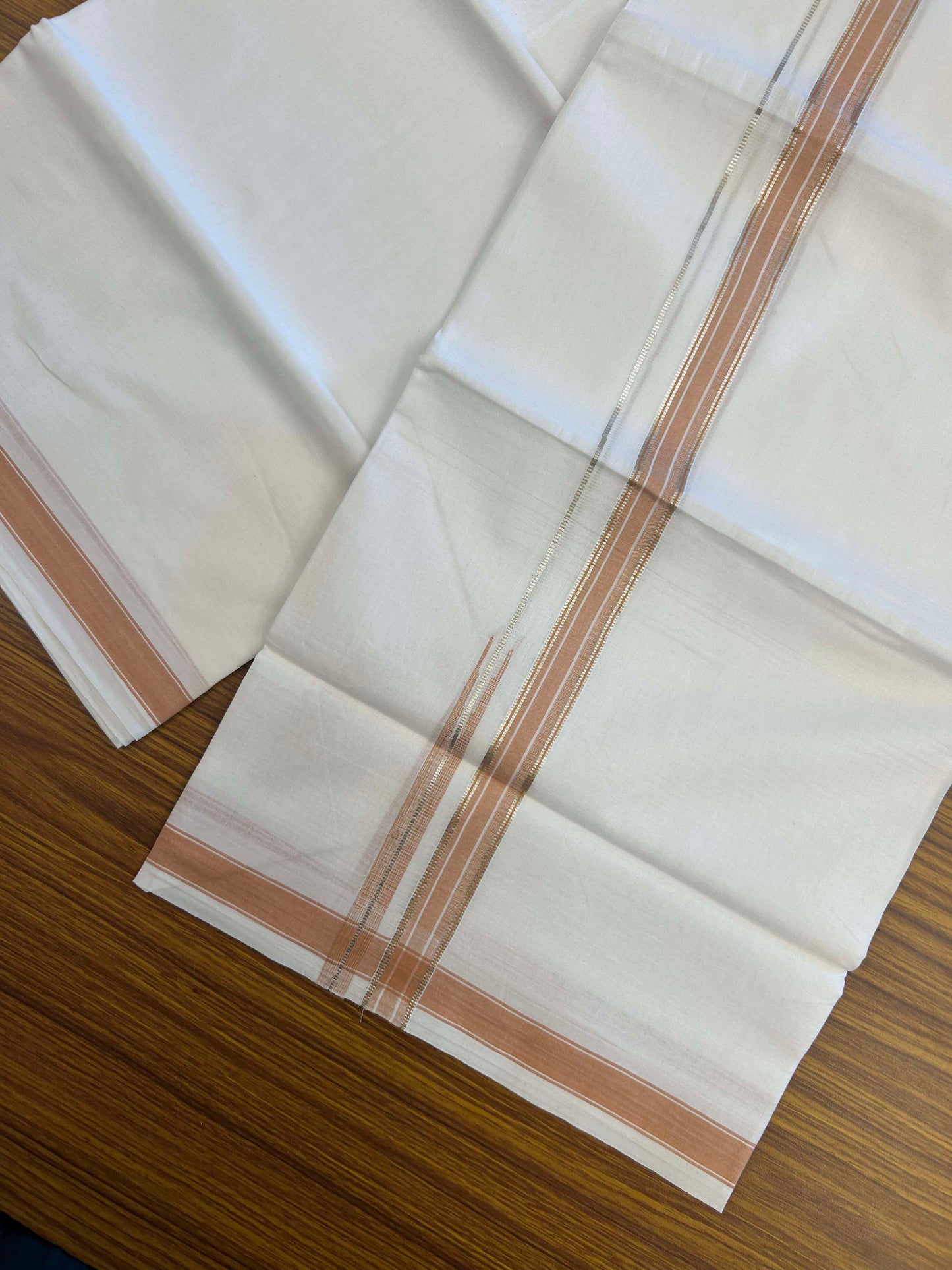 20% Discount!! Kaitharikada Balaramapuram 100% Pure Cotton Pure White Double Mundu/Dothi - 100x80 - 1.5 cm Brownish Orange & Silver Kasav Puliyilakkara One Side Chutty Kara 3.90 m (8 muzham) - 24 KK5310 CKS