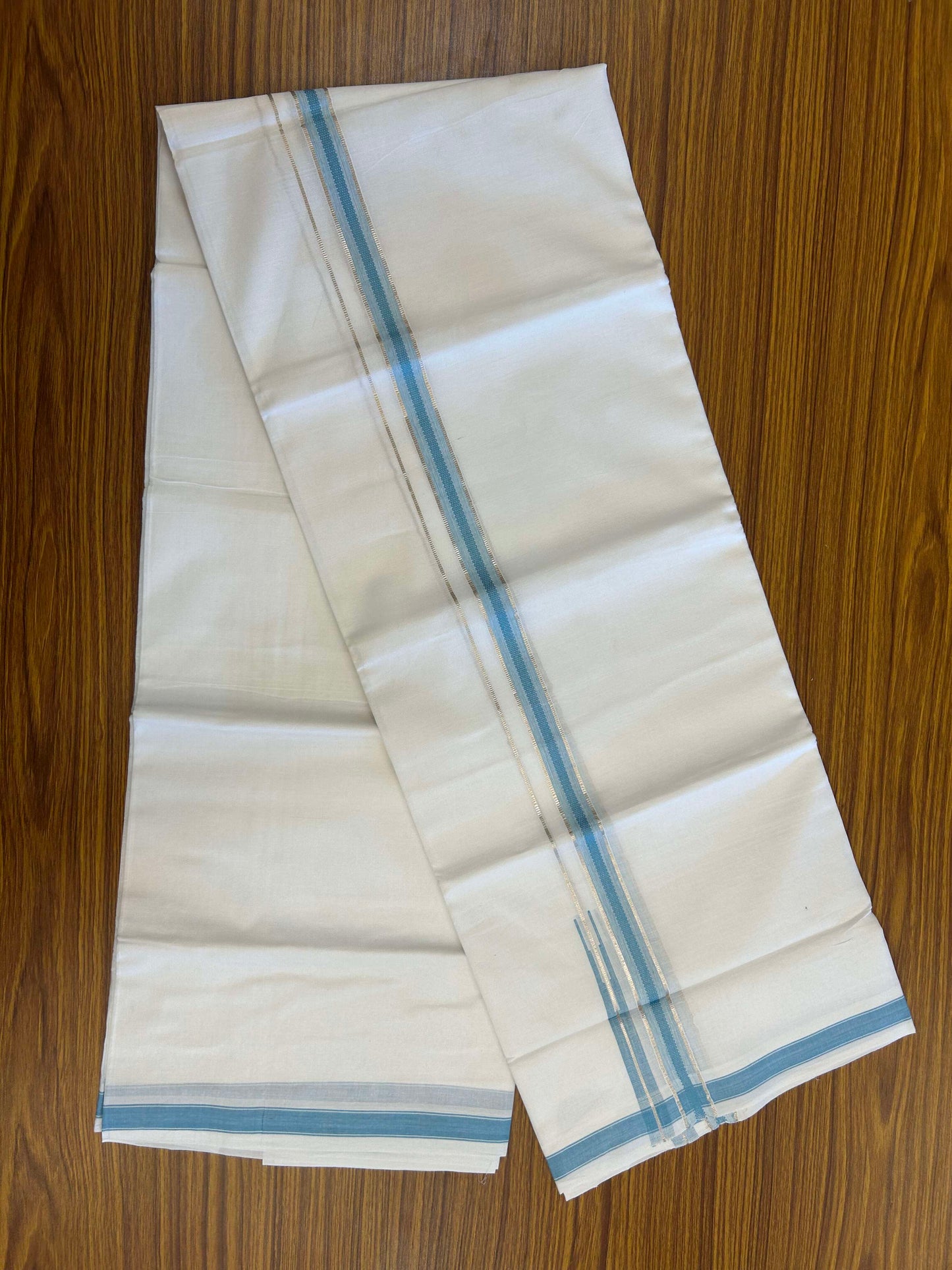 20% Discount!! Kaitharikada Balaramapuram 100% Pure Cotton Pure White Double Mundu/Dothi - 100x80 - 1.5 cm Blue & Silver Kasav Puliyilakkara One Side Chutty Kara 3.90 m (8 muzham) - 25 KK5310 CKS