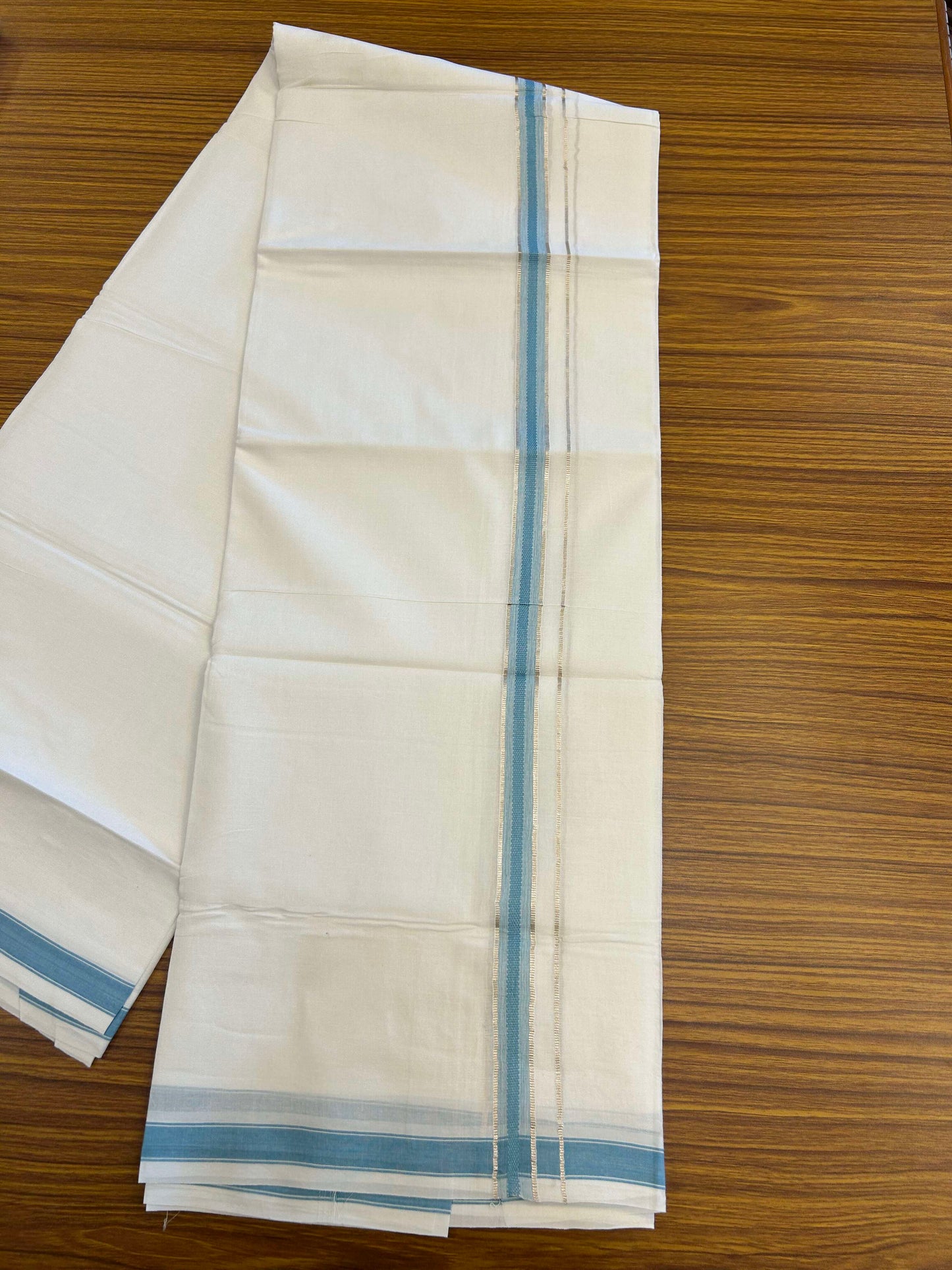 20% Discount!! Kaitharikada Balaramapuram 100% Pure Cotton Pure White Double Mundu/Dothi - 100x80 - 1.5 cm Blue & Silver Kasav Puliyilakkara One Side Chutty Kara 3.90 m (8 muzham) - 25 KK5310 CKS