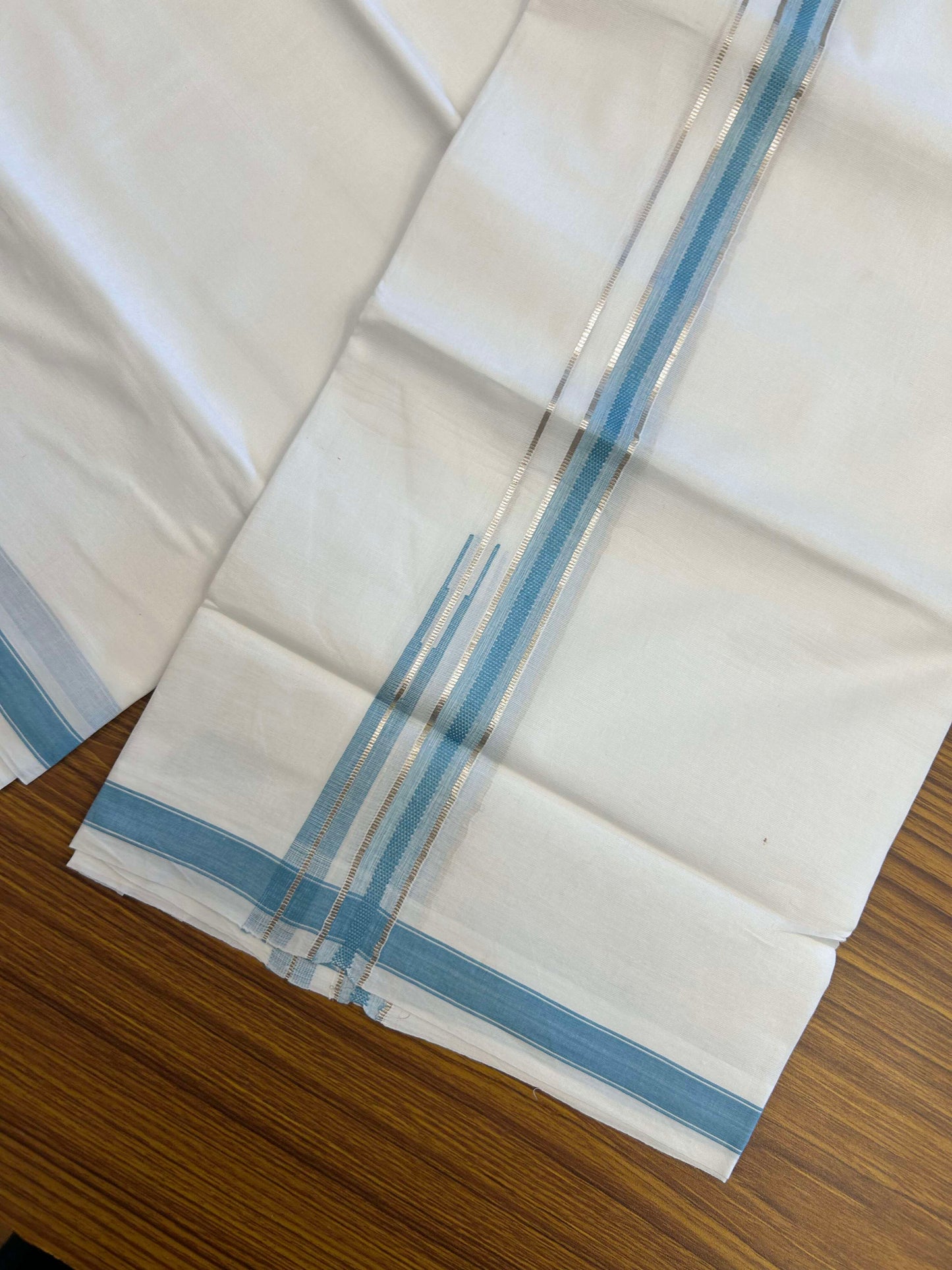 20% Discount!! Kaitharikada Balaramapuram 100% Pure Cotton Pure White Double Mundu/Dothi - 100x80 - 1.5 cm Blue & Silver Kasav Puliyilakkara One Side Chutty Kara 3.90 m (8 muzham) - 25 KK5310 CKS