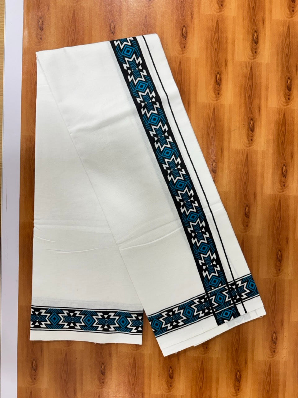 Single White Kerala Mund Polyster Mixed Cotton - (20s) - Kaily / Lungi - 2 inch Cyan Blue Printed Kara (2 meter / 4 muzham) - 3 KK8070 GAN