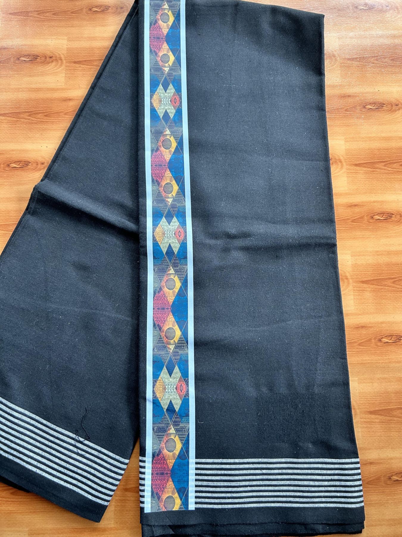 Kaitharikada - Single Kaily / Lungi - Mixed Cotton - 40s twisted - 2 inch Multi Colour Printed Design Kara with Black colour body (2 meter / 4 muzham) - 23 KK8058 GAN