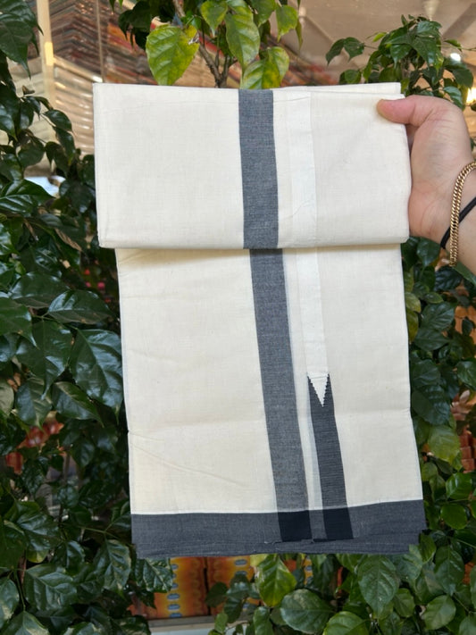 20% Discount! KaithariKada Balaramapuram 100% Cotton Double Off white (Unbleached) Mundu/Dhoti- 100x100 - 1 inch Puliyilakkara Black Shaded chutty Kara 4 Mtr - 11 KK5268 ASH