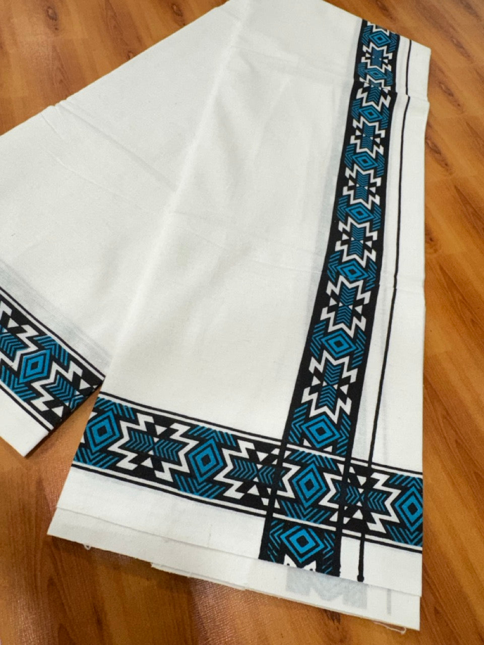 Single White Kerala Mund Polyster Mixed Cotton - (20s) - Kaily / Lungi - 2 inch Cyan Blue Printed Kara (2 meter / 4 muzham) - 3 KK8070 GAN