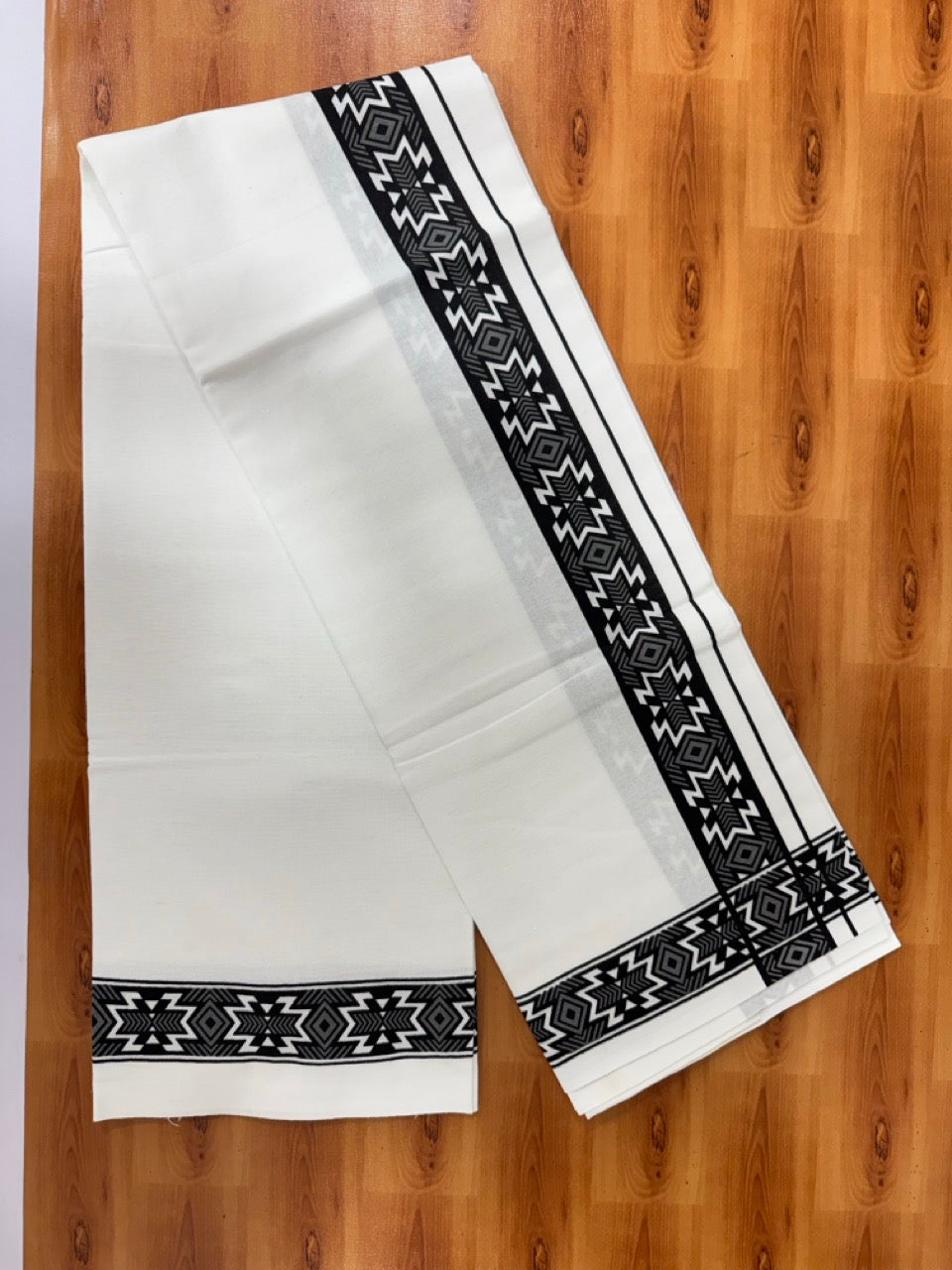 Single White Kerala Mund Polyster Mixed Cotton - (20s) - Kaily / Lungi - 2 inch Ash Grey Printed Kara (2 meter / 4 muzham) - 4 KK8070 GAN