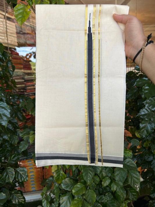 20% DISCOUNT! KaithariKada Balaramapuram 100% Cotton Double Off white Mundu/Dhoti-100x100  1.25  inch  Kasav Black Temple Heavy chutty kara 4 mtr - 10 KK5268 ASH