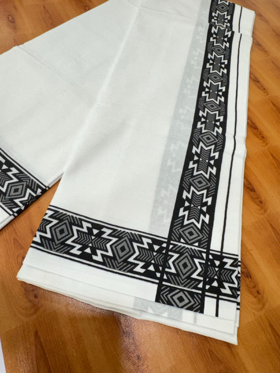 Single White Kerala Mund Polyster Mixed Cotton - (20s) - Kaily / Lungi - 2 inch Ash Grey Printed Kara (2 meter / 4 muzham) - 4 KK8070 GAN