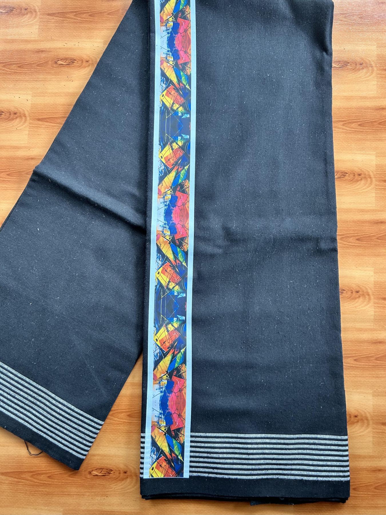 Kaitharikada - Single Kaily / Lungi - Mixed Cotton - 40s twisted - 2 inch Multi Colour Printed Design Kara with Black colour body (2 meter / 4 muzham) - 22 KK8058 GAN