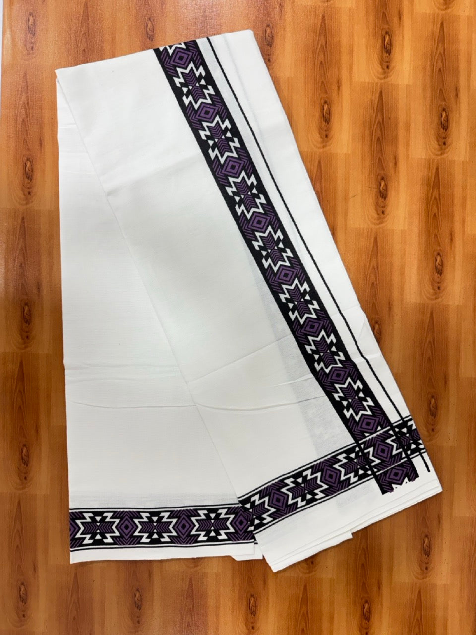 Single White Kerala Mund Polyster Mixed Cotton - (20s) - Kaily / Lungi - 2 inch Violet Printed Kara (2 meter / 4 muzham) - 5 KK8070 GAN