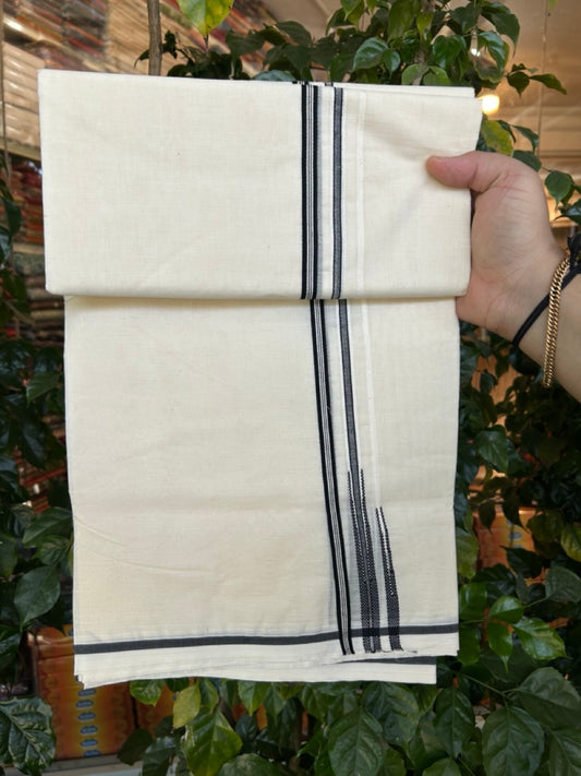 27% DISCOUNT!! KaithariKada Balaramapuram 100% Cotton off white Double - (Unbleached) Mundu/Dhoti-100x100 - 1 cm Puliyilakkara Black striped Double Chutty Kara - 8 KK5268 ASH